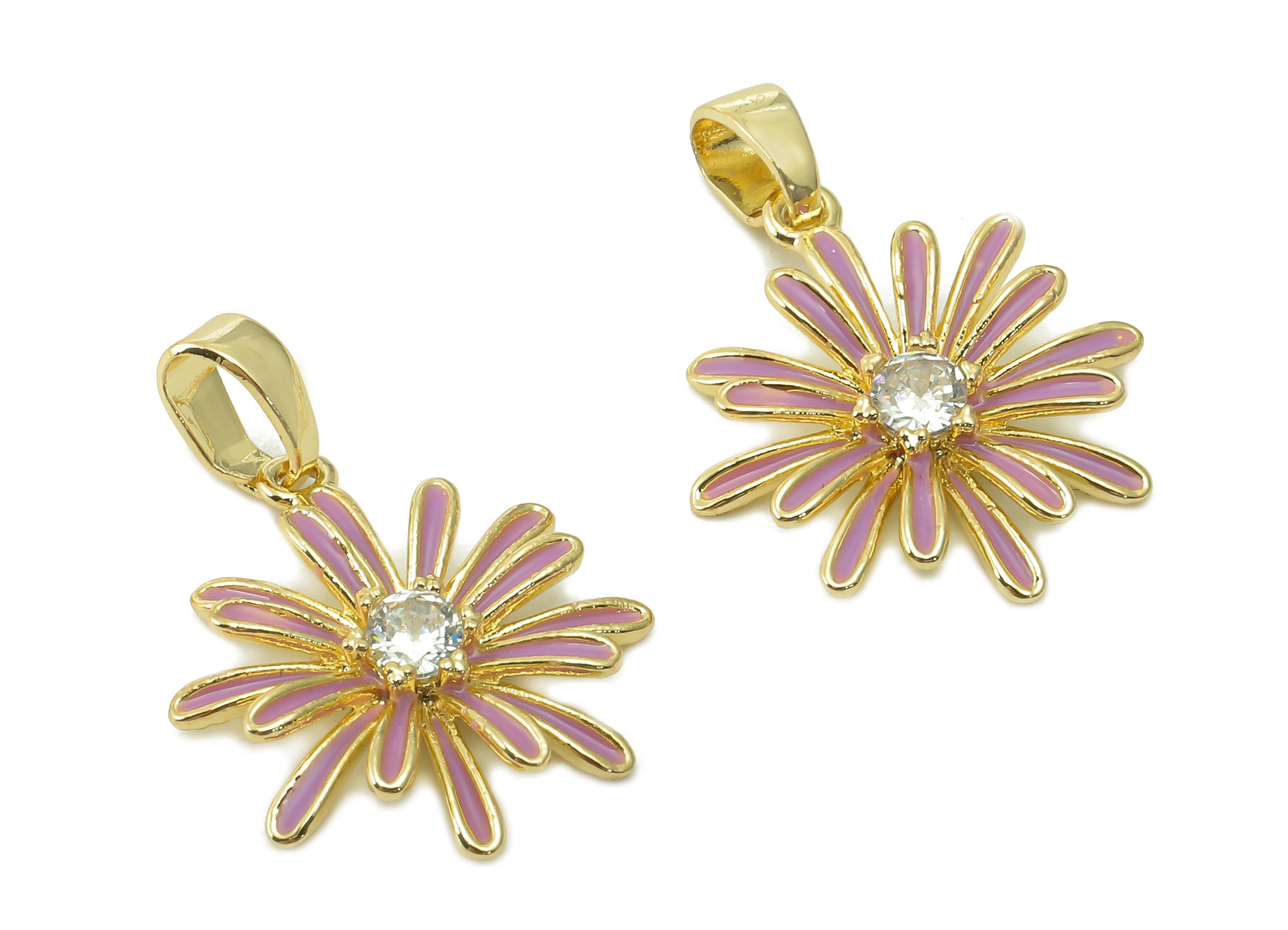 Brass Pink Enamel Flower Pendant - Zircon Daisy Earring With Loop - Charm For Necklace - 18K Real Gold Plating - 17.4x15.1x2.7mm - RGP5421C - DOMEDBAZAAR