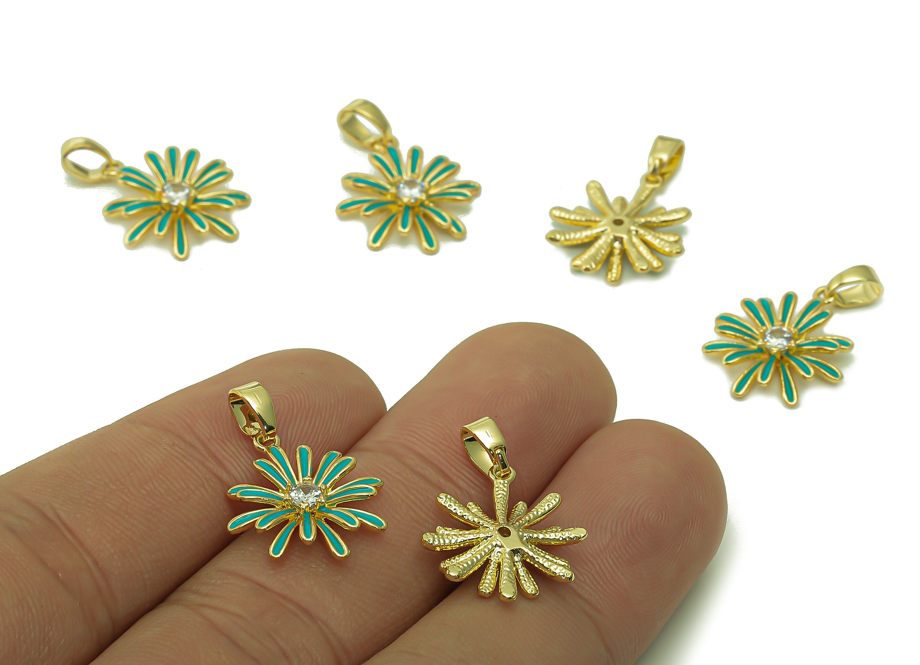 Brass Green Enamel Flower Pendant - Zircon Daisy Earring With Loop - Charm For Necklace - 18K Real Gold Plating - 17.4x15.1x2.7mm - RGP5421E - DOMEDBAZAAR