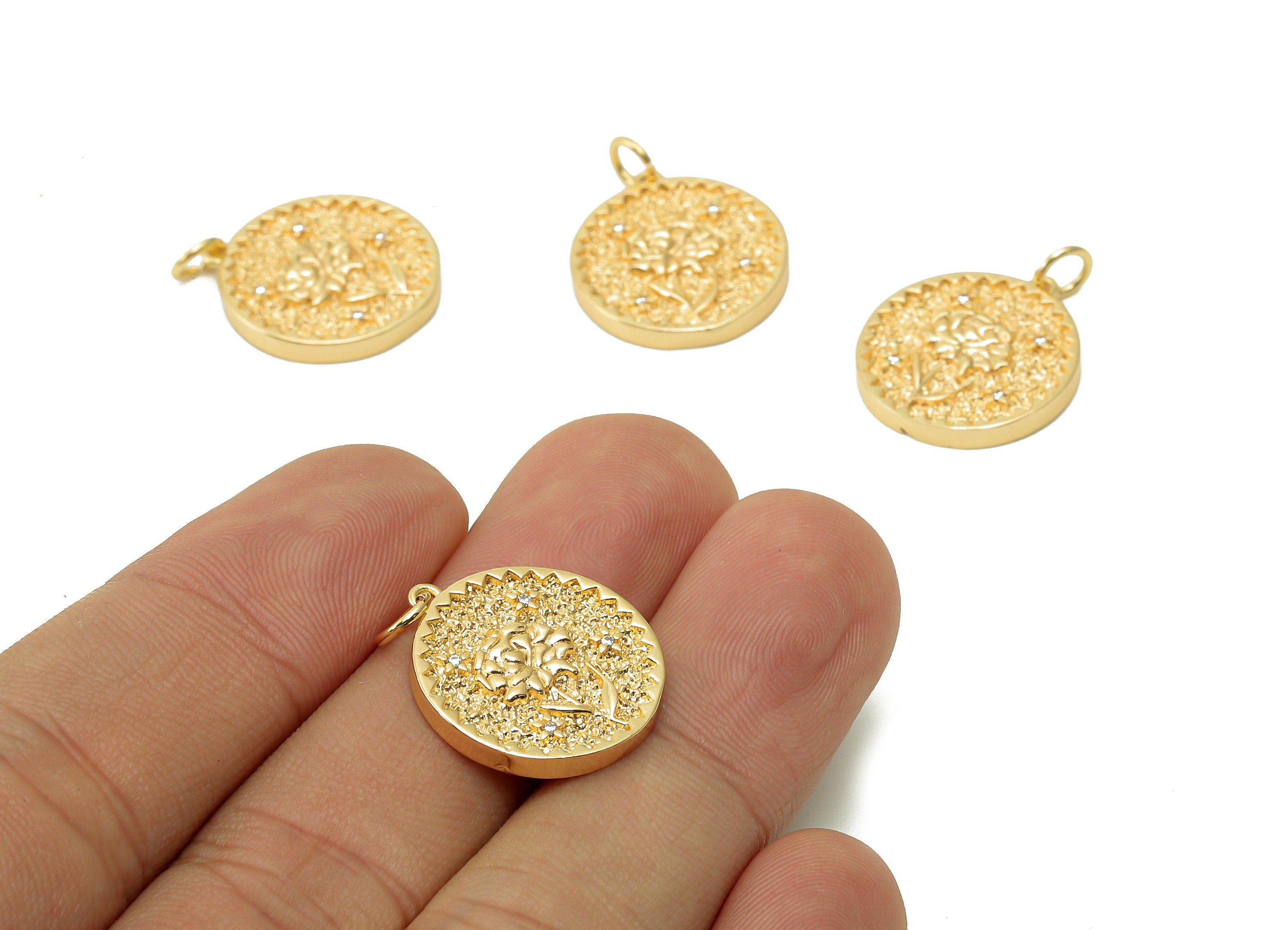 Brass Zig Zag Round Pendant - Zircon Rose Flower Earring - Botanical Charm With Loop - 18K Real Gold Plating - 19.5x17.5x2.5mm - RGP5409D - DOMEDBAZAAR