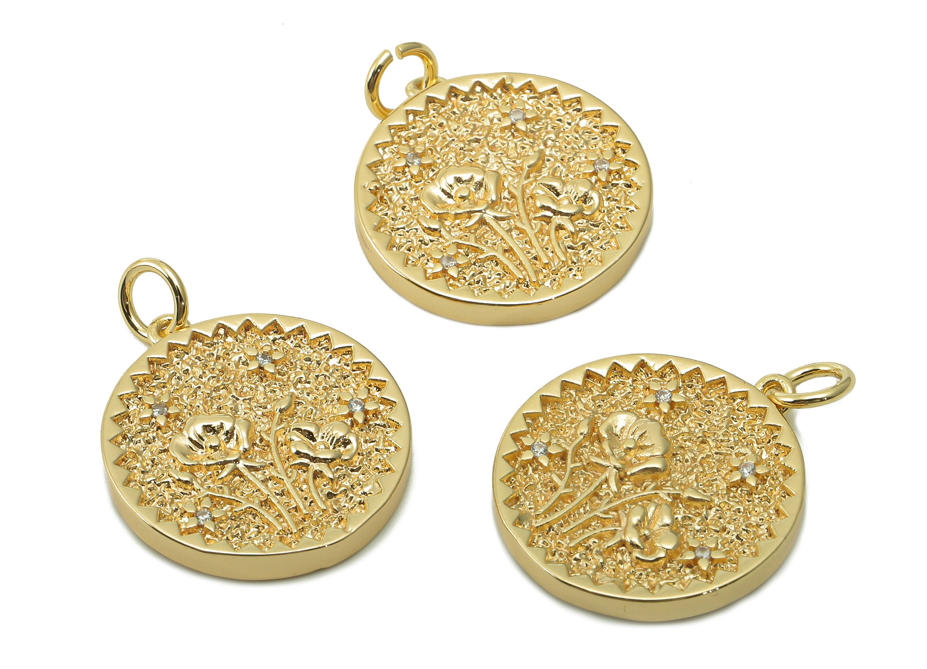 Brass Zig Zag Round Pendant - Zircon Phalaenopsis Flower Earring - Botanical Charm With Loop -18K Real Gold Plating-19.5x17.5x2.5mm-RGP5409L - DOMEDBAZAAR