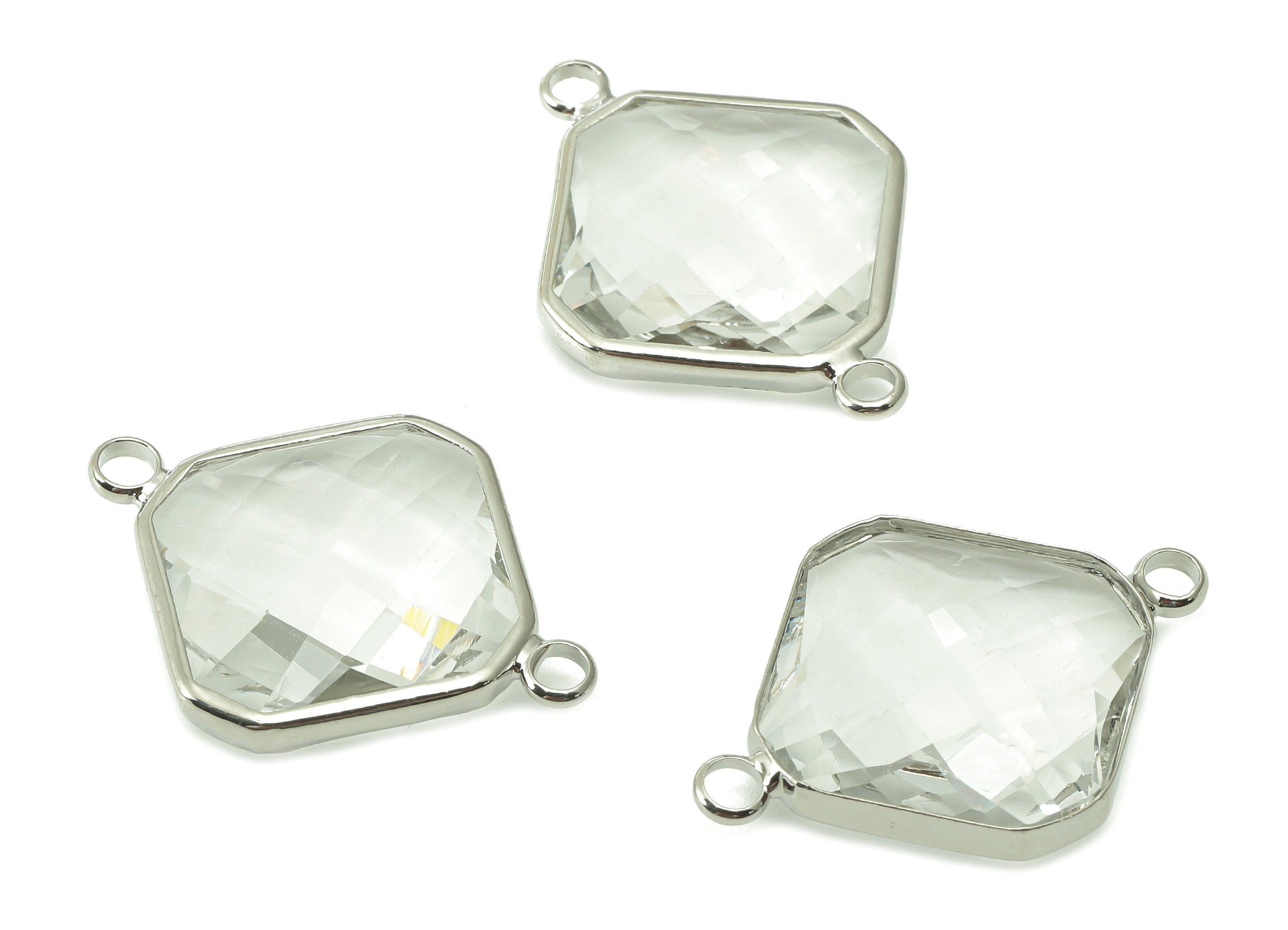 Square Clear Glass Connector - Brass Frame Pendant With 2 Loop - Silver Tone Plating - Faceted Transparent Glass - 26.6x19.7x6.5mm - GS1162 - DOMEDBAZAAR