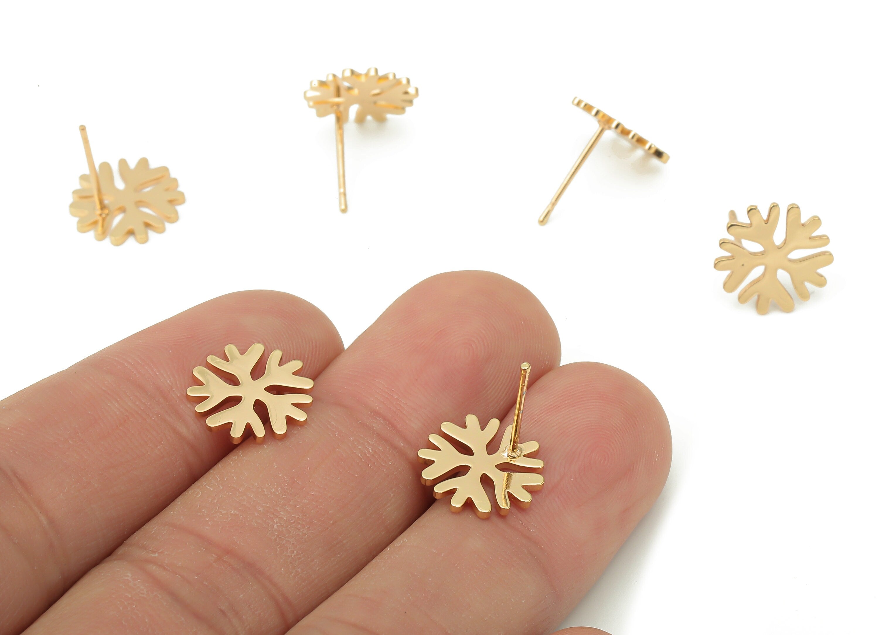 Steel Snowflake Earring Posts - Snowflake Earring Stud - 316 Surgical Stainless Steel Stud - KC Gold Tone Plated - 11.8x11.8x1.3mm - SS1372G - DOMEDBAZAAR