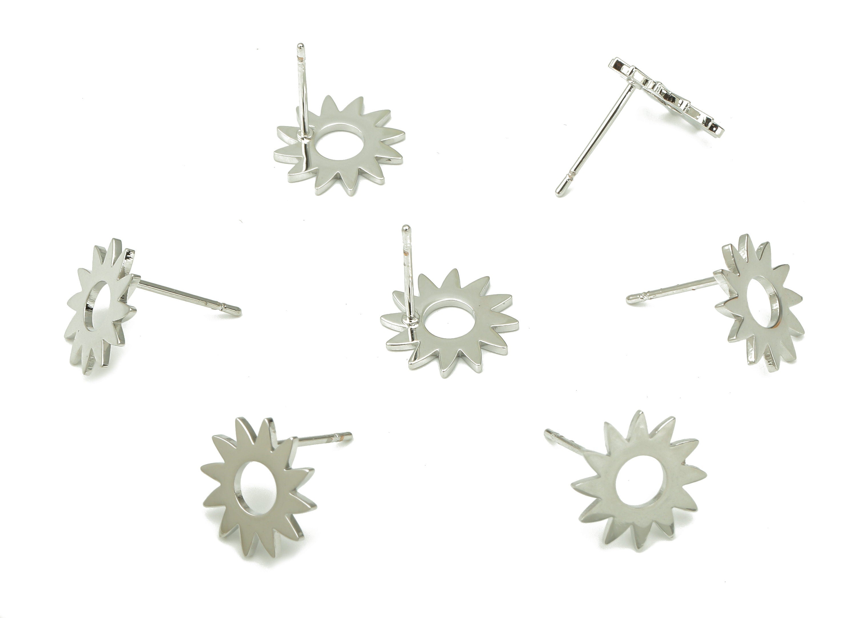Steel Windmill Earring Posts - Gear Earring Stud - 316 Surgical Stainless Steel Stud - White Gold Tone Plated - 11.8x11.8x0.9mm - SS1374 - DOMEDBAZAAR