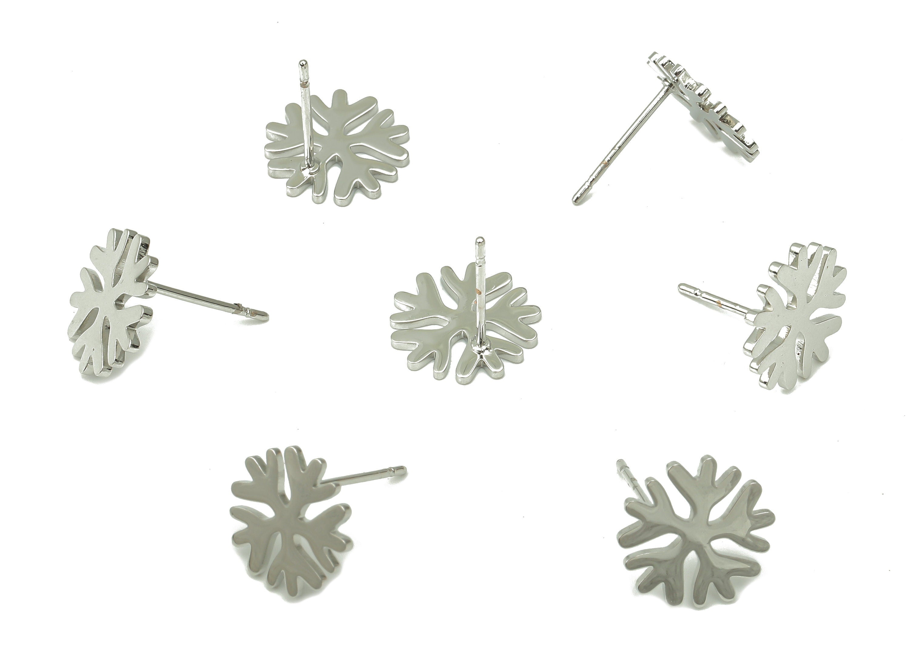 Steel Snowflake Earring Post - Snowflake Earring Stud - 316 Surgical Stainless Steel Stud -  White Gold Tone Plated - 11.8x11.8x1.3mm-SS1377 - DOMEDBAZAAR