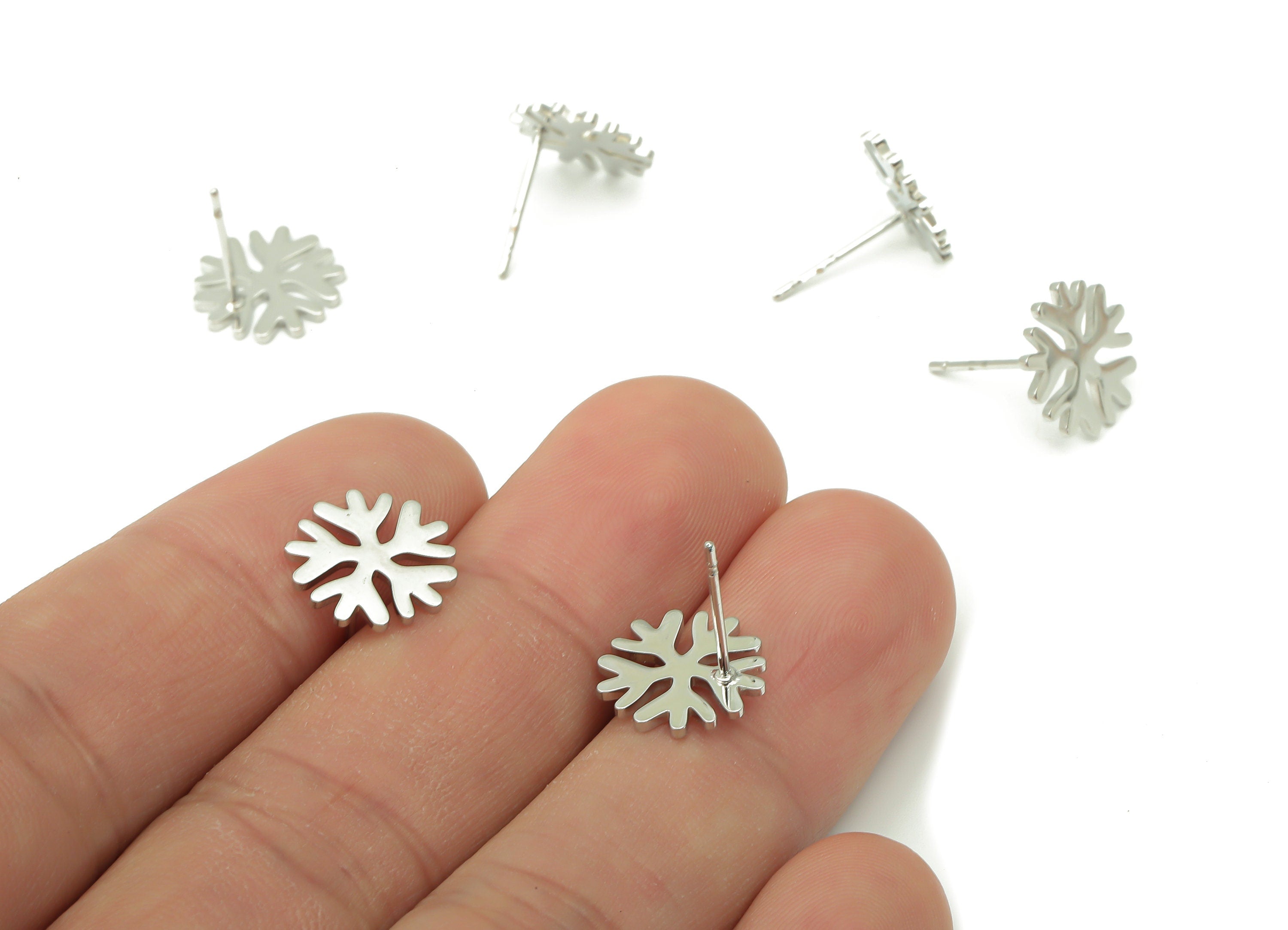 Steel Snowflake Earring Post - Snowflake Earring Stud - 316 Surgical Stainless Steel Stud -  White Gold Tone Plated - 11.8x11.8x1.3mm-SS1377 - DOMEDBAZAAR