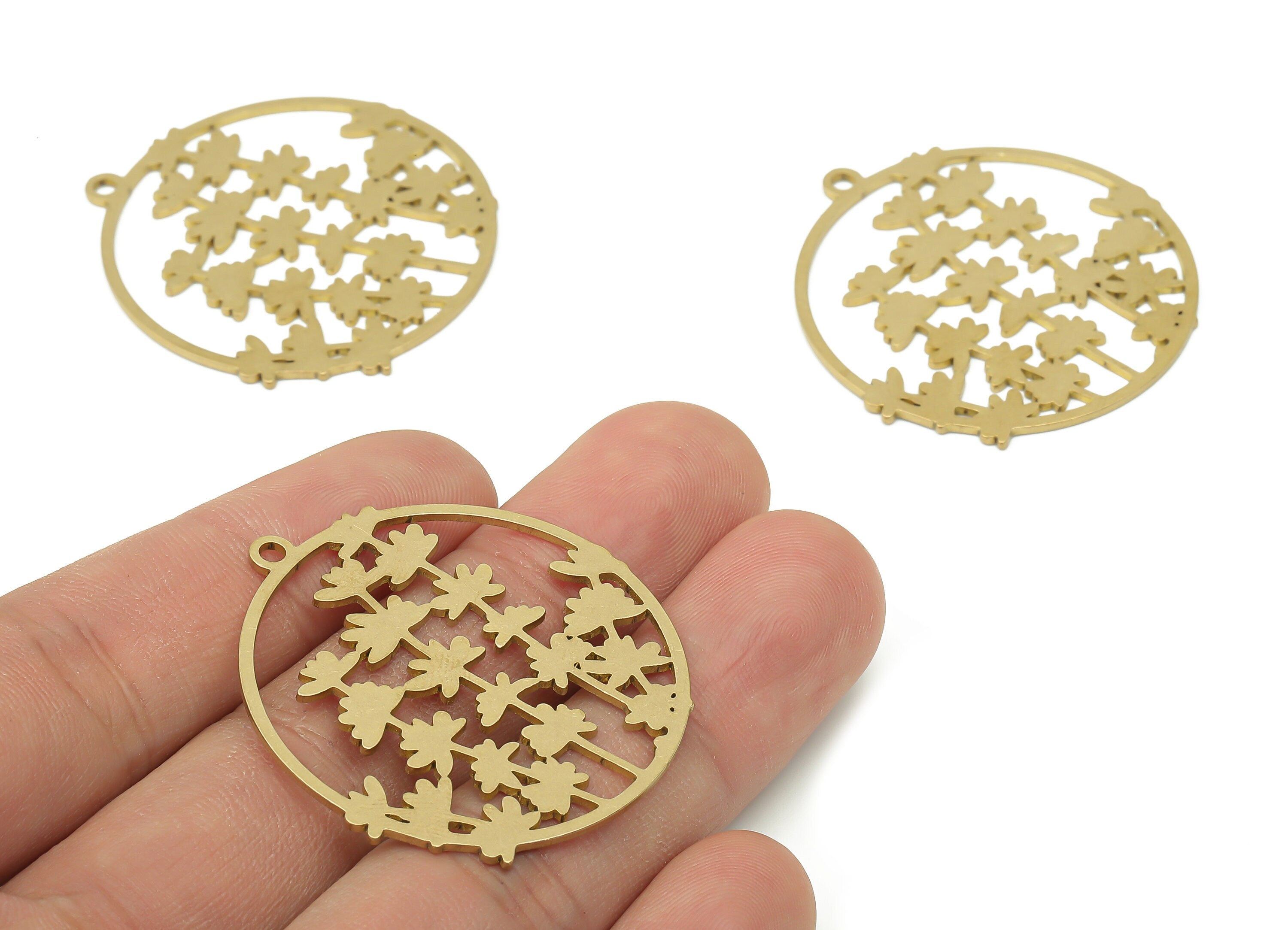 Brass Round Trees Earring Charm - Raw Brass Jungle Circle Earring - Branch Pendant - Botanical Charm For Necklace - 39.8x37.1x0.9mm -PPA3880 - DOMEDBAZAAR
