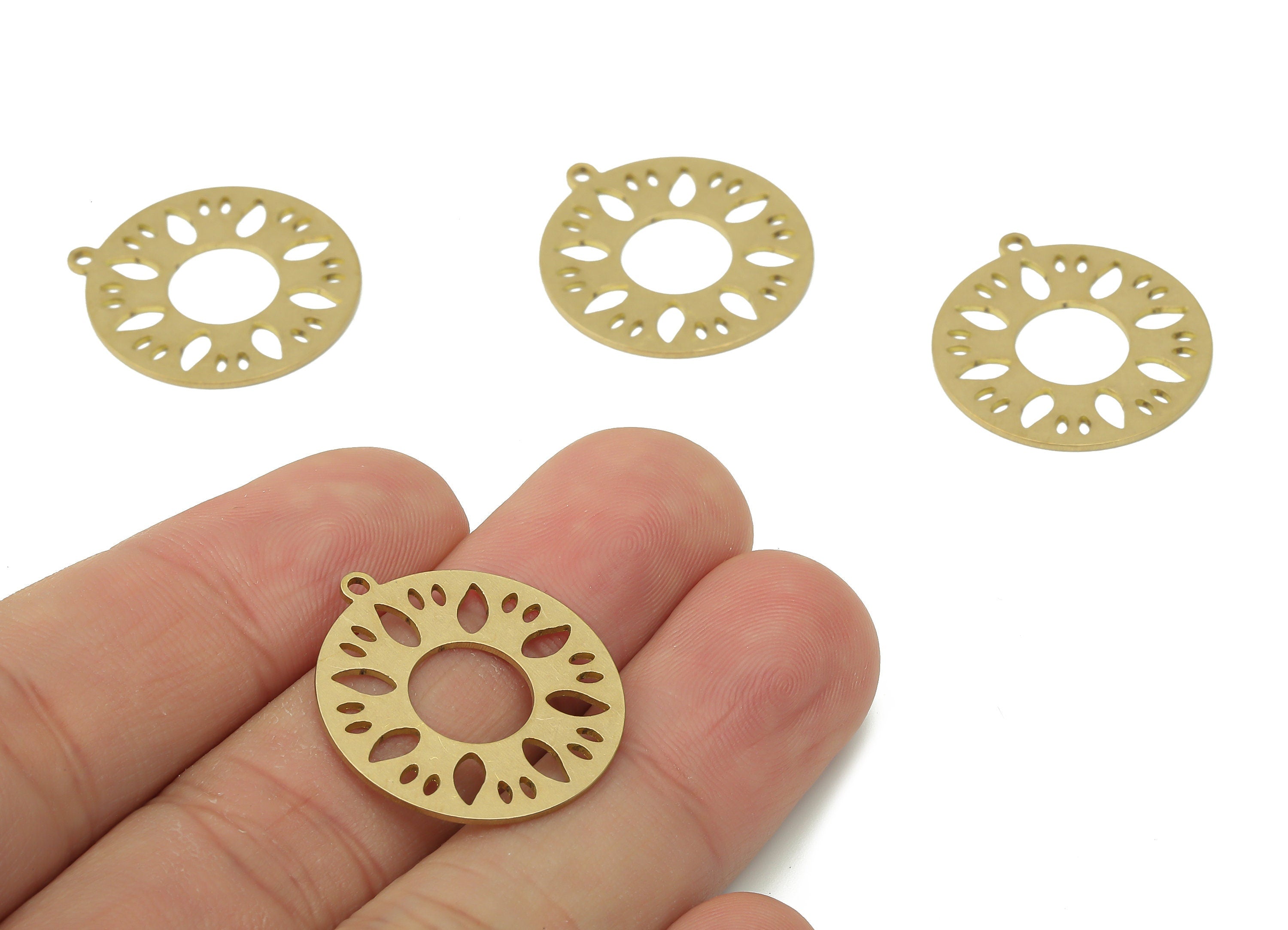 Brass Round Flower Earring Charm - Raw Brass Circle Sun Earring - Donut Pendant With Loop - Botanical Charm - 24.8x22.6x0.6mm-PPA3935 - DOMEDBAZAAR
