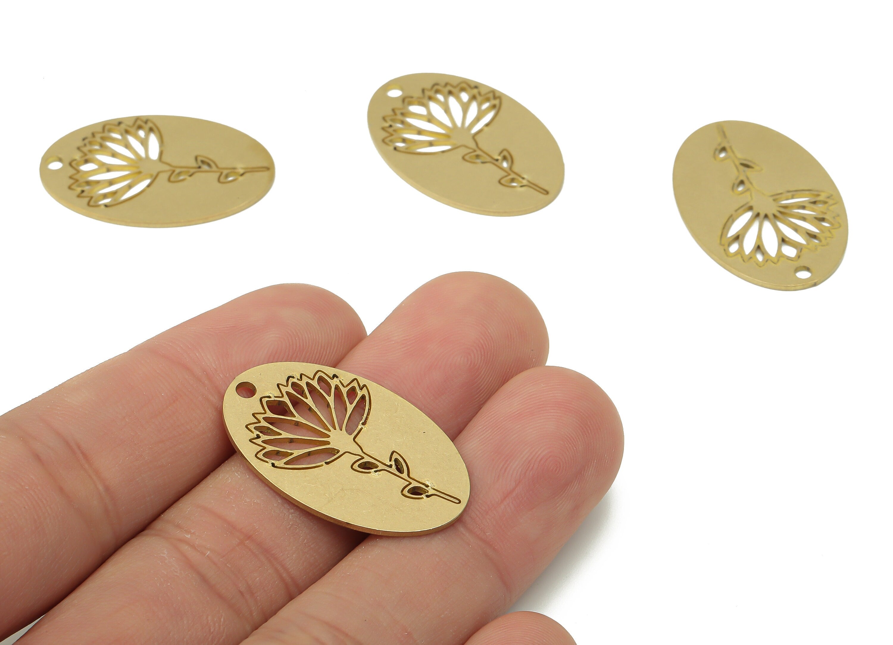Brass Oval Flower Earring Charms - Raw Brass Flower Earring - Branch Pendant - Botanical Charm For Necklace - 29.3x18.8x0.9mm - PPA3942 - DOMEDBAZAAR