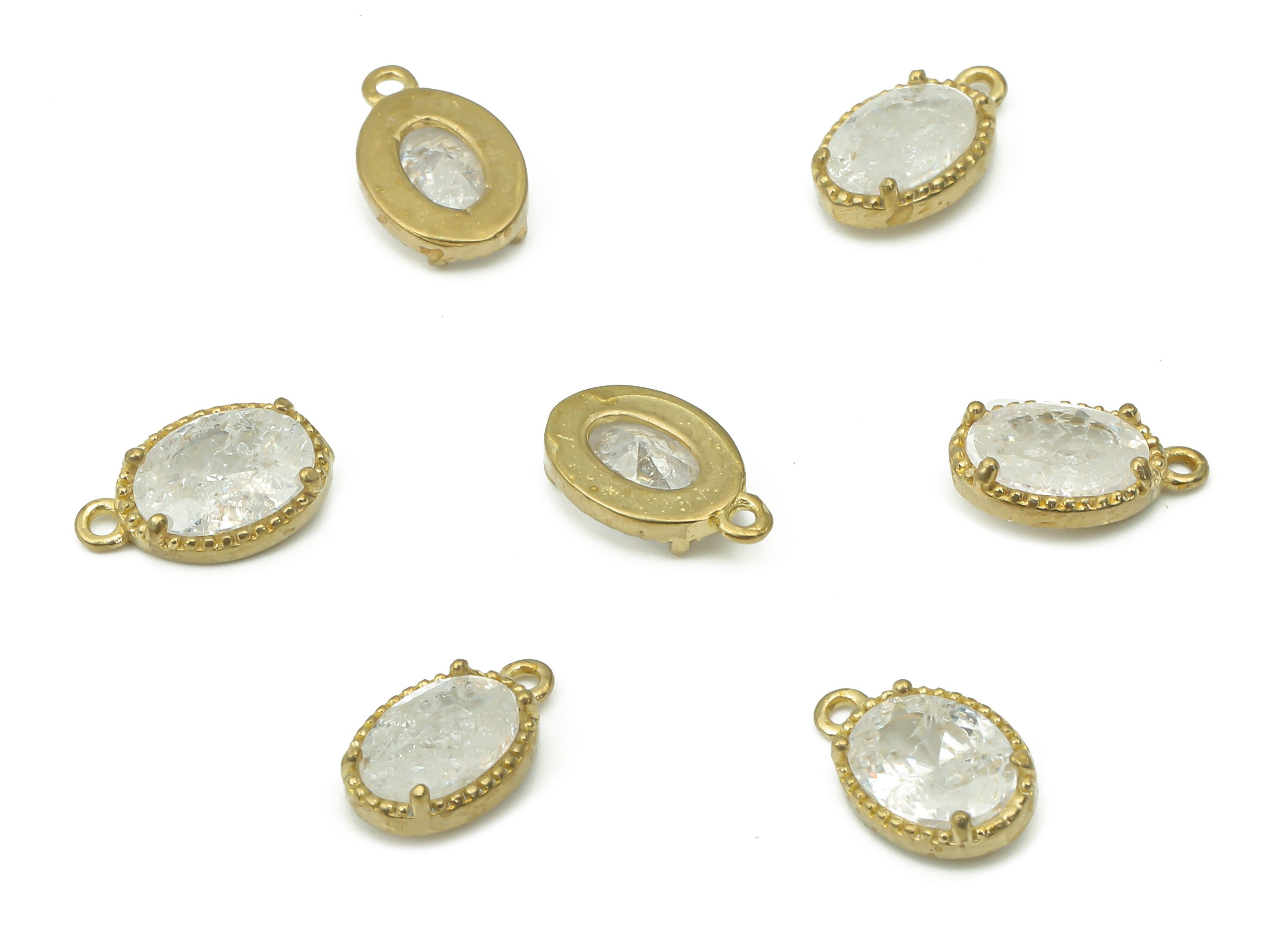 Brass Oval Earring Charms - Raw Brass Earring With Loop - Oval Pendant With White Zircon - Charm For Necklace - 10.1x6.33x2.6mm - PP7430C - DOMEDBAZAAR