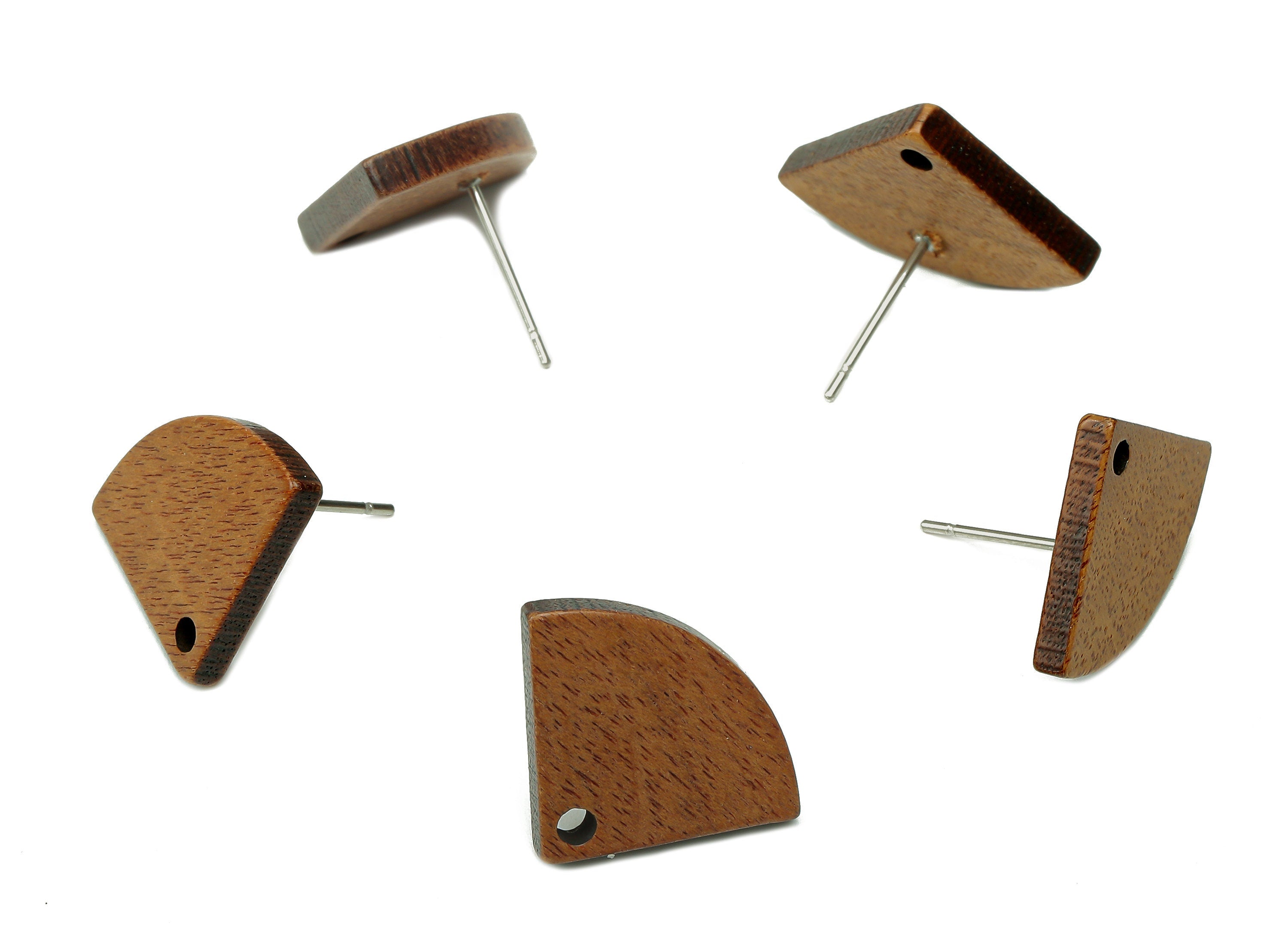 Natural Wooden Fan Stud Earring - Walnut Wood Earring Post - Brown Quarter Round Charm - 316 Stainless Steel Stud - 19.4x14.7x2.3mm -BB1289 - DOMEDBAZAAR