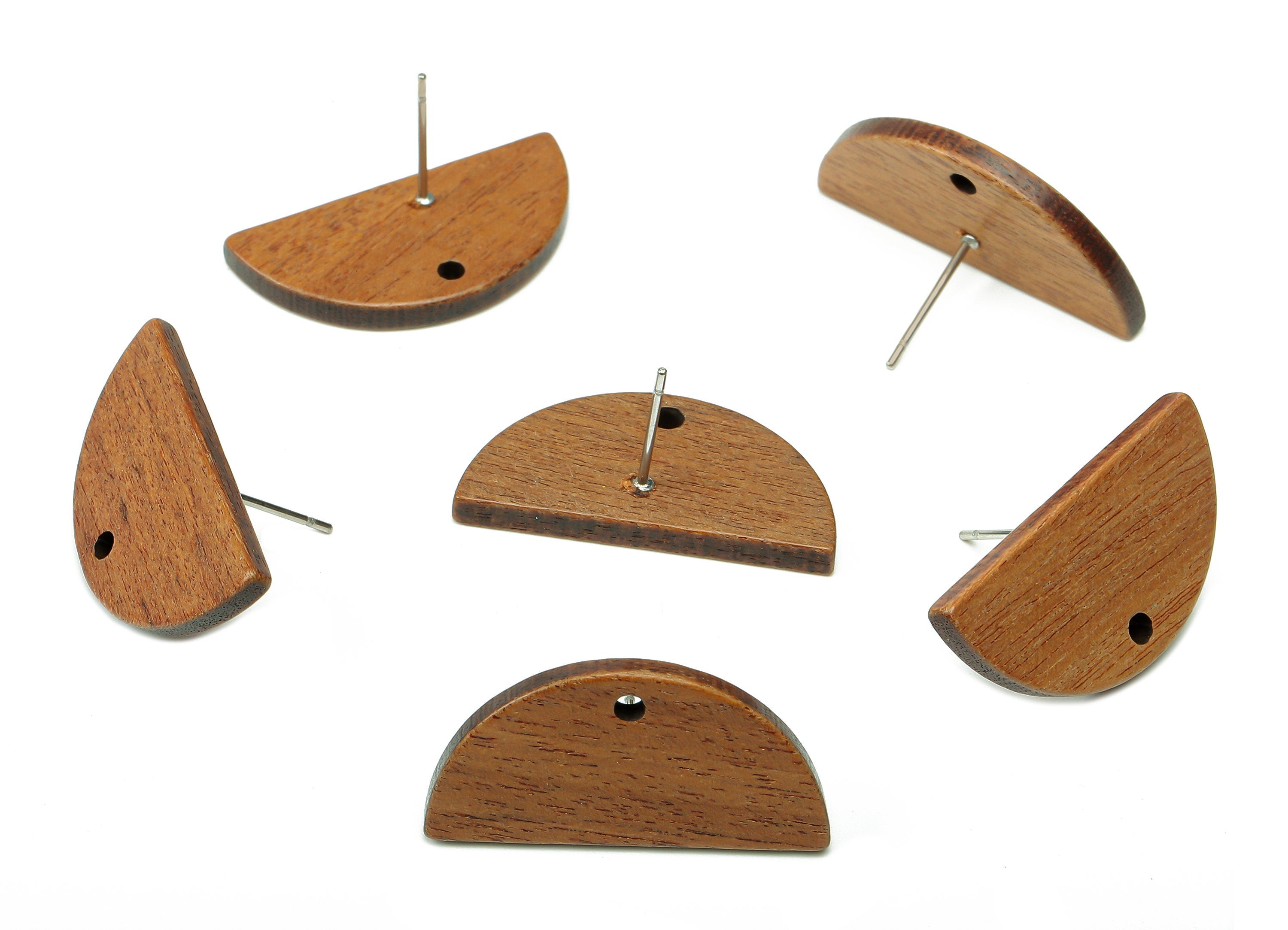 Natural Wooden Semicircle Stud Earring - Walnut Wood Earring Post - Brown Half Round Charm - 316 Stainless Steel Stud-25.9x12.9x2.6mm-BB1294 - DOMEDBAZAAR