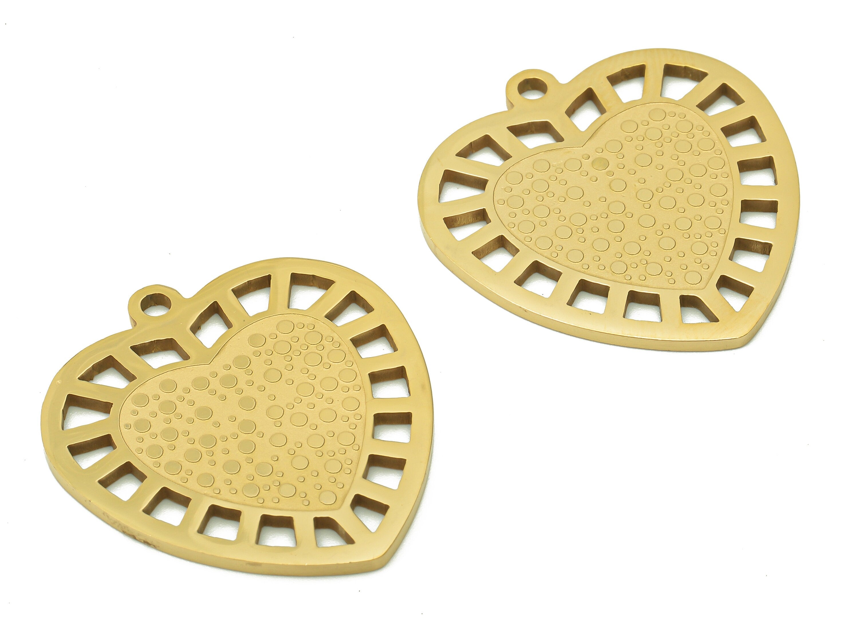 Steel Heart Dots Earring Charm - Hollow Pendant With Loop - 216 Stainless Steel - 18K Real Gold Plating Charm - 29.8x27.4x1.4mm - SS1410G - DOMEDBAZAAR