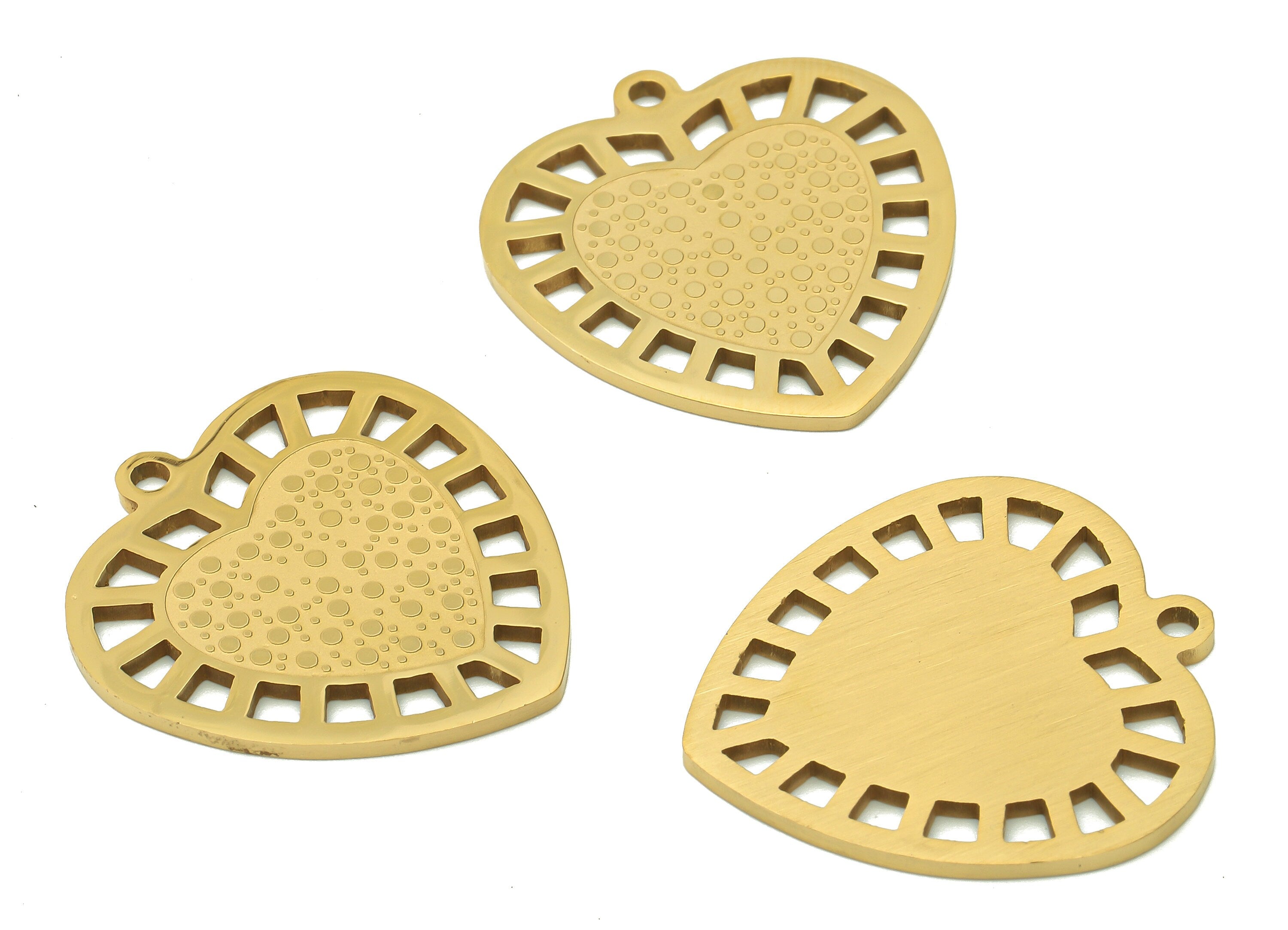 Steel Heart Dots Earring Charm - Hollow Pendant With Loop - 216 Stainless Steel - 18K Real Gold Plating Charm - 29.8x27.4x1.4mm - SS1410G - DOMEDBAZAAR