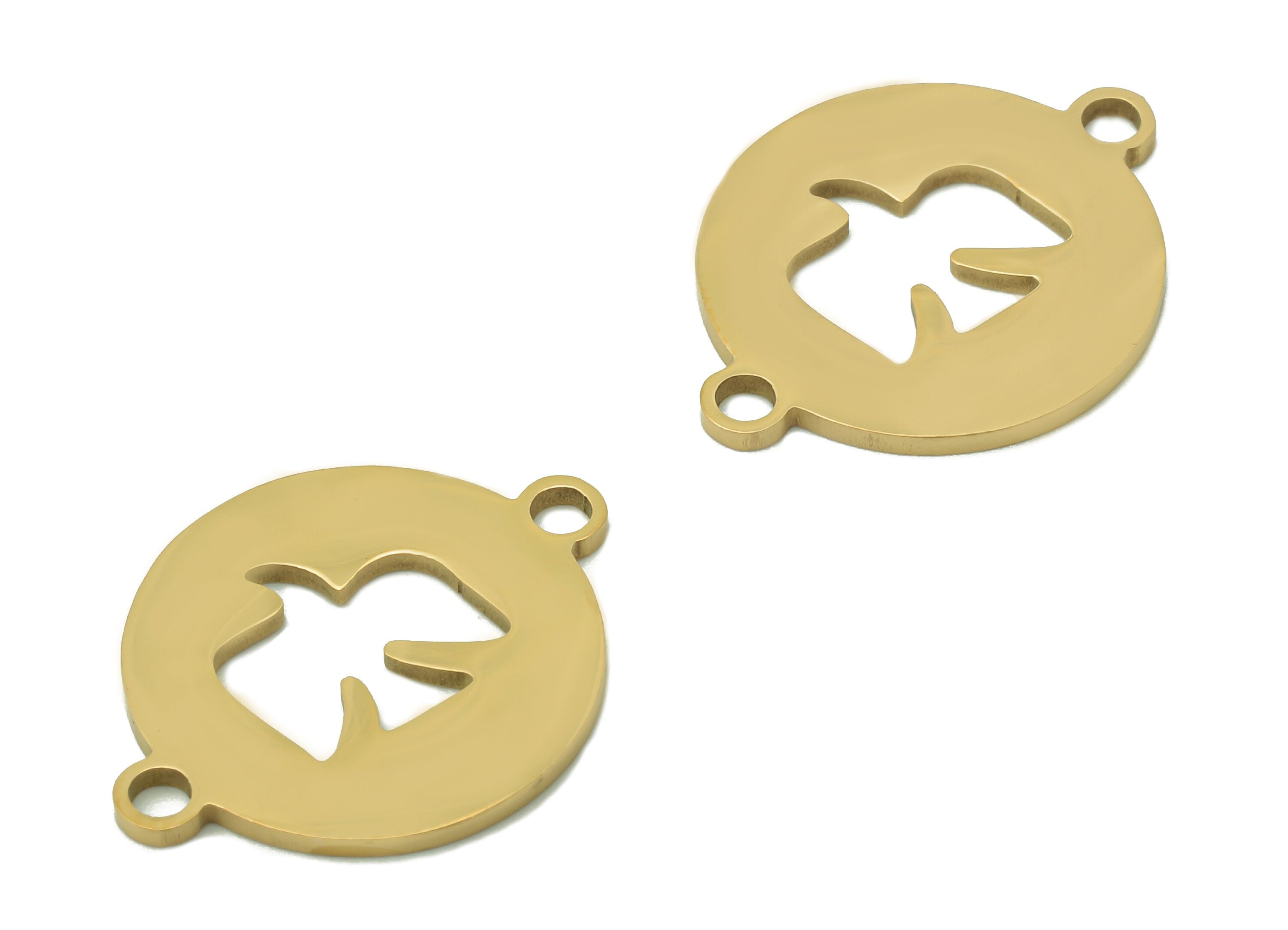 Steel Round Eagle Earring Connector - Bird Circle Charm With 2 Loops - 216 Stainless Steel - 18K Real Gold Plating - 19.8x15.6x0.9mm-SS1412G - DOMEDBAZAAR