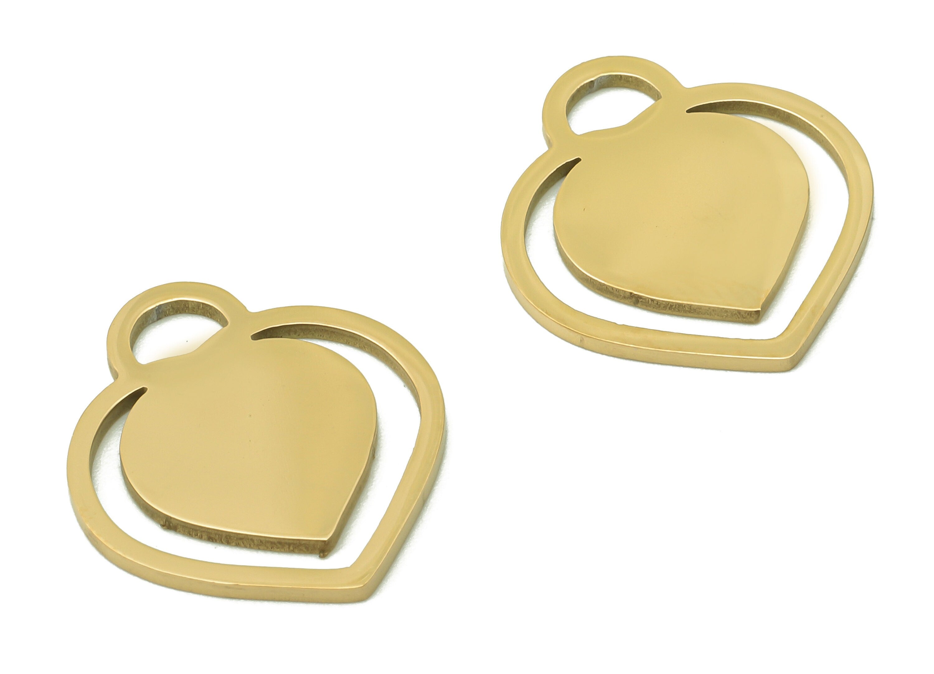Steel Heart Earring Charm - Hollow Pendant With Loop - 216 Stainless Steel - 18K Real Gold Plating Charm - 17.08x15.28x0.95mm - SS1413G - DOMEDBAZAAR