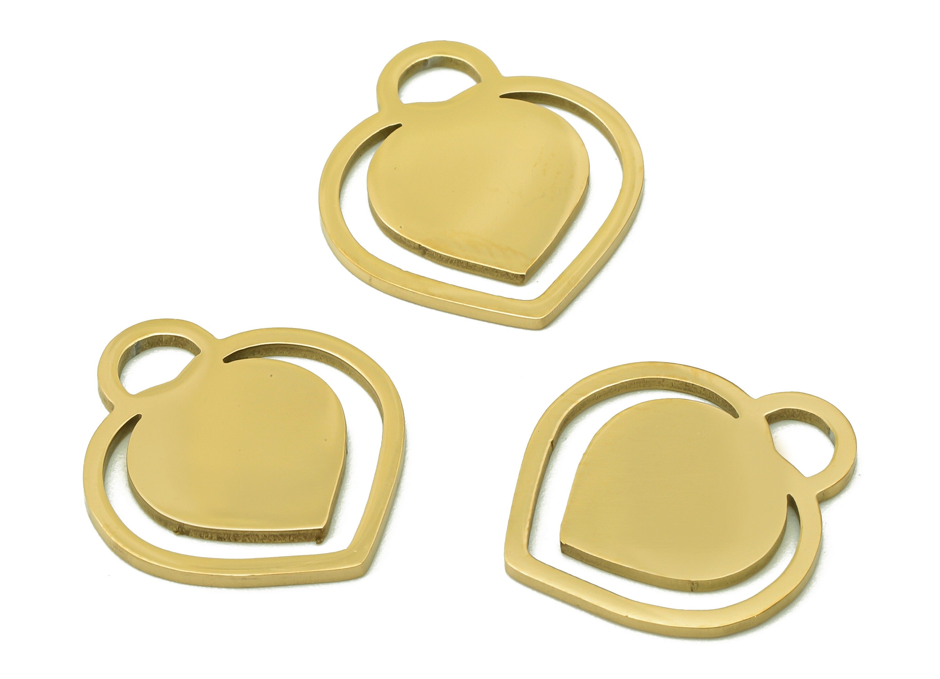 Steel Heart Earring Charm - Hollow Pendant With Loop - 216 Stainless Steel - 18K Real Gold Plating Charm - 17.08x15.28x0.95mm - SS1413G - DOMEDBAZAAR