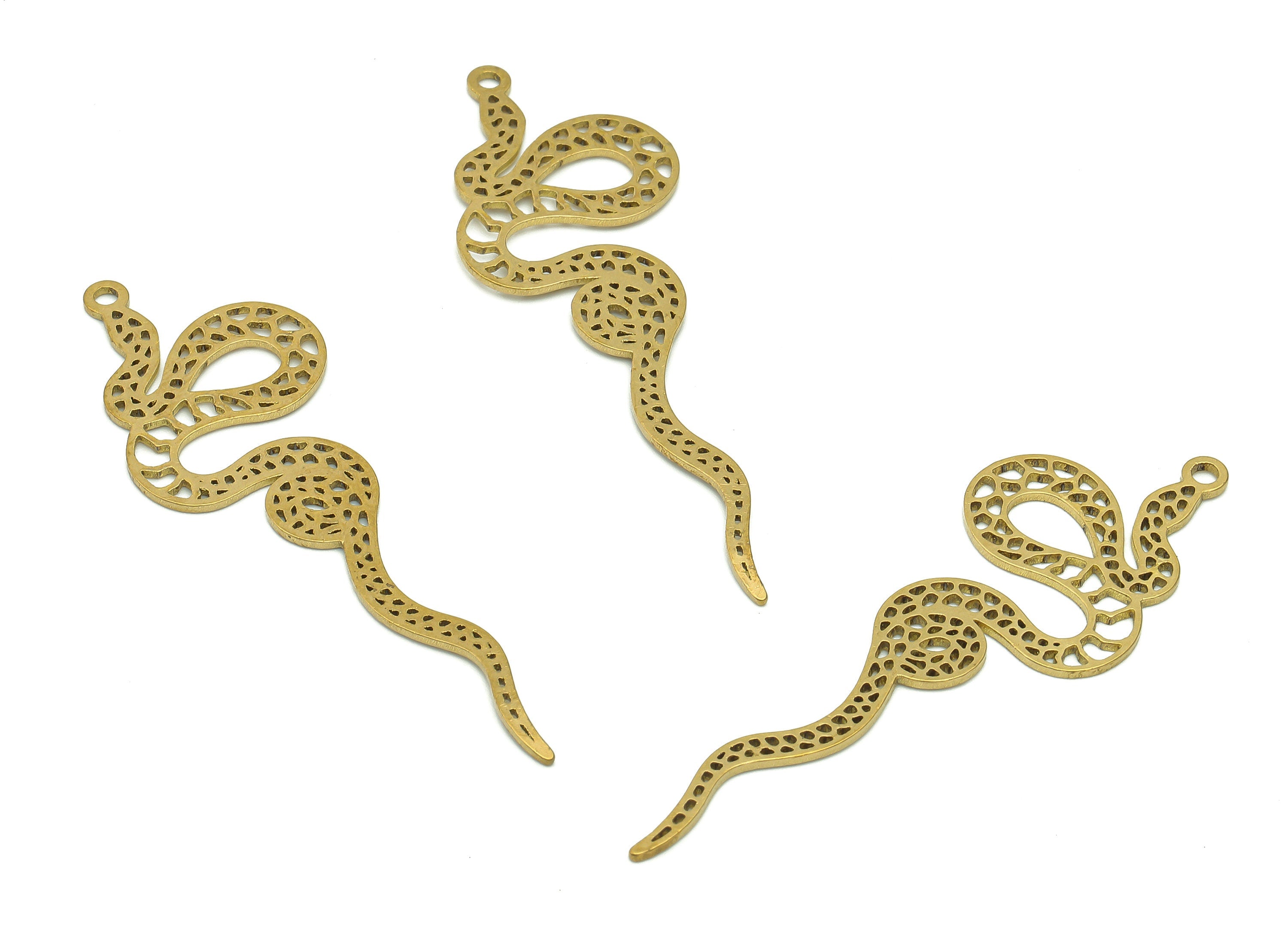 Brass Snake Dots Earring Charms - Raw Brass Snake Cutout Earring - Pendant With Loop - Hollow Snake Charm - 49.6x15.2x0.8mm - PPZ0192 - DOMEDBAZAAR
