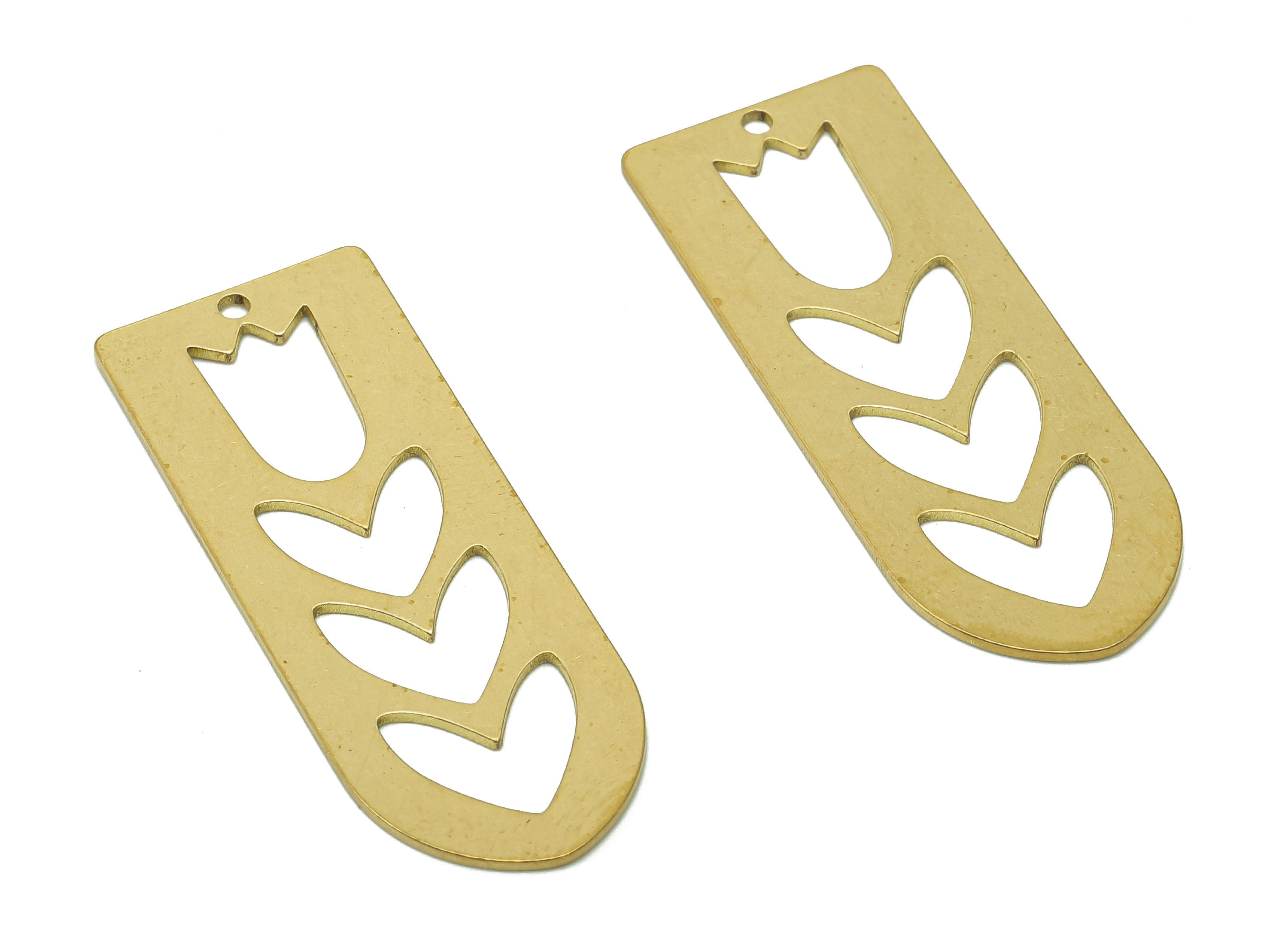 Brass Domed Tulip Earring Charms - Raw Brass Flower Cutout Pendant - Heart Tulip Hollow Charm - Earring Findings - 40.4x15.1x0.7mm - PP8077 - DOMEDBAZAAR