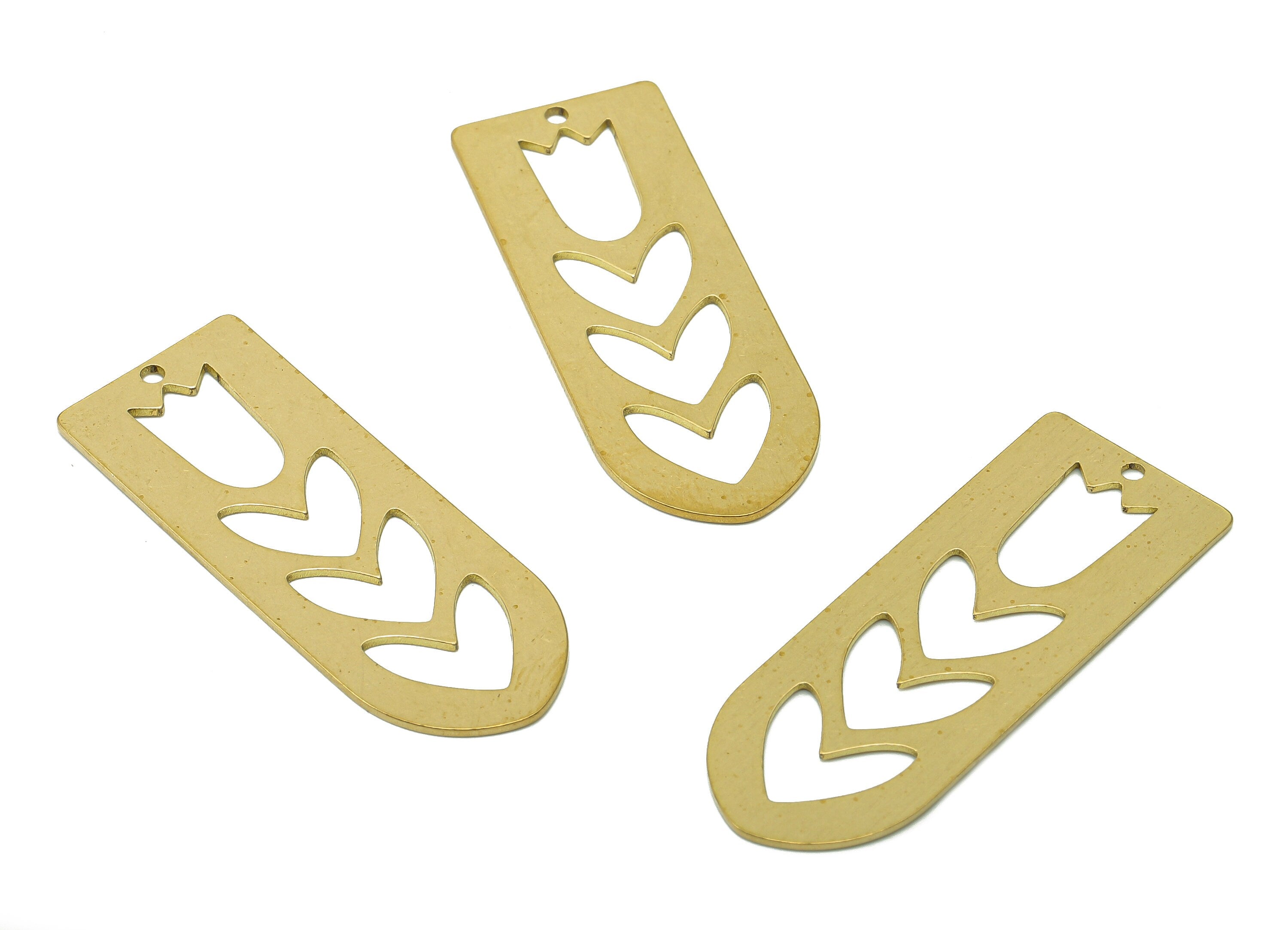 Brass Domed Tulip Earring Charms - Raw Brass Flower Cutout Pendant - Heart Tulip Hollow Charm - Earring Findings - 40.4x15.1x0.7mm - PP8077 - DOMEDBAZAAR