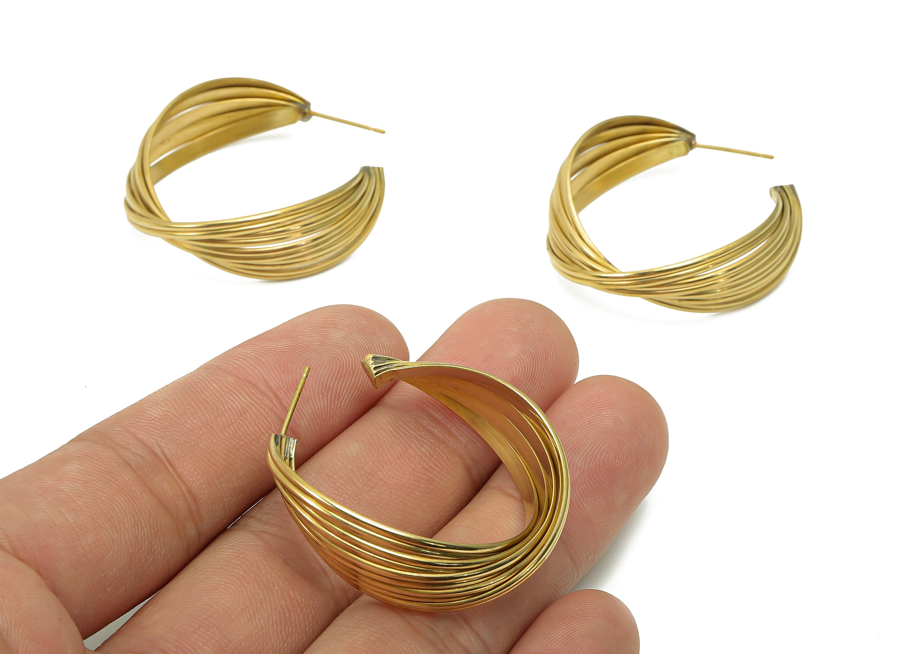 Brass Open Knot Earrings Hoop - Raw Brass C Earring Post - Tie Wide Hoop - Brass Wires Stud Earring - Brass Stud - 34.1x34.4x2.2mm - PP8011 - DOMEDBAZAAR