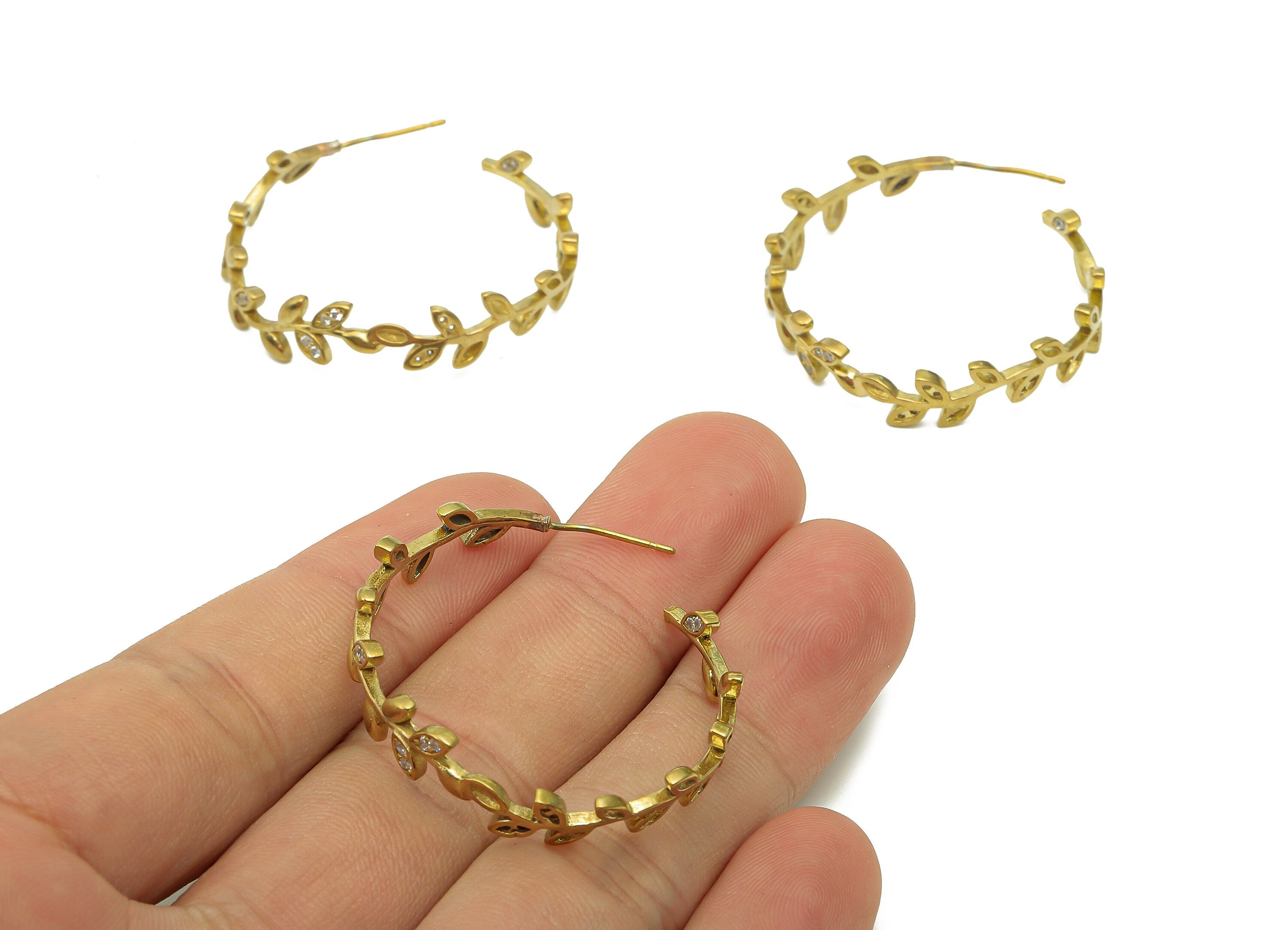 Brass Flower Chaplet Hoop Earring - Raw Brass Wreath C Earring Post - Zircon Branch Hoop Stud Earring - Brass Stud - 34.9x33.6x1.8mm -PP8010 - DOMEDBAZAAR