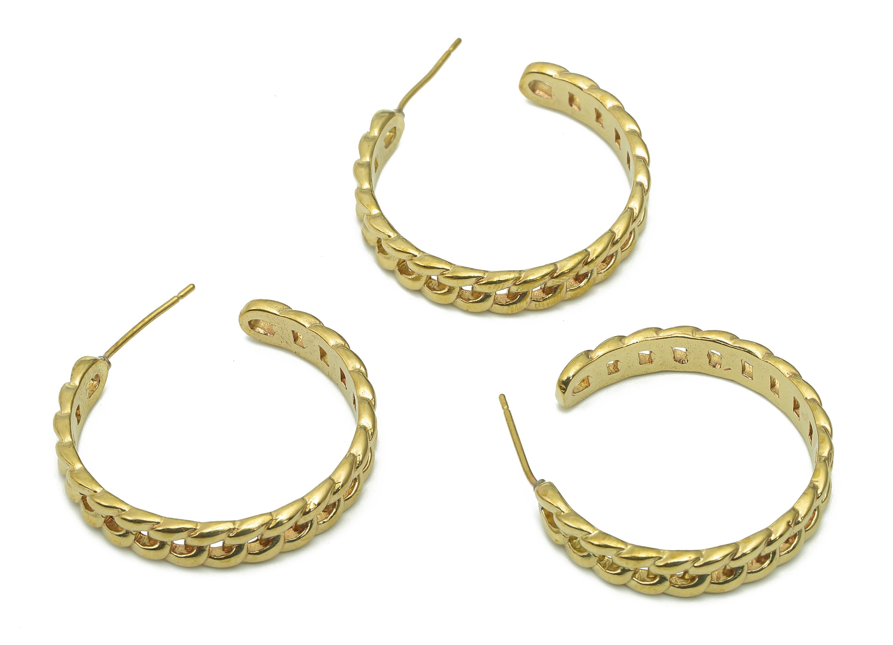 Brass Curb Chain Hoop Earrings Stud - Raw Brass Huggie C Earring Post - Open Huggie Hoop Stud Earring - Brass Stud - 28.3x25.3x1.8mm -PP8014 - DOMEDBAZAAR