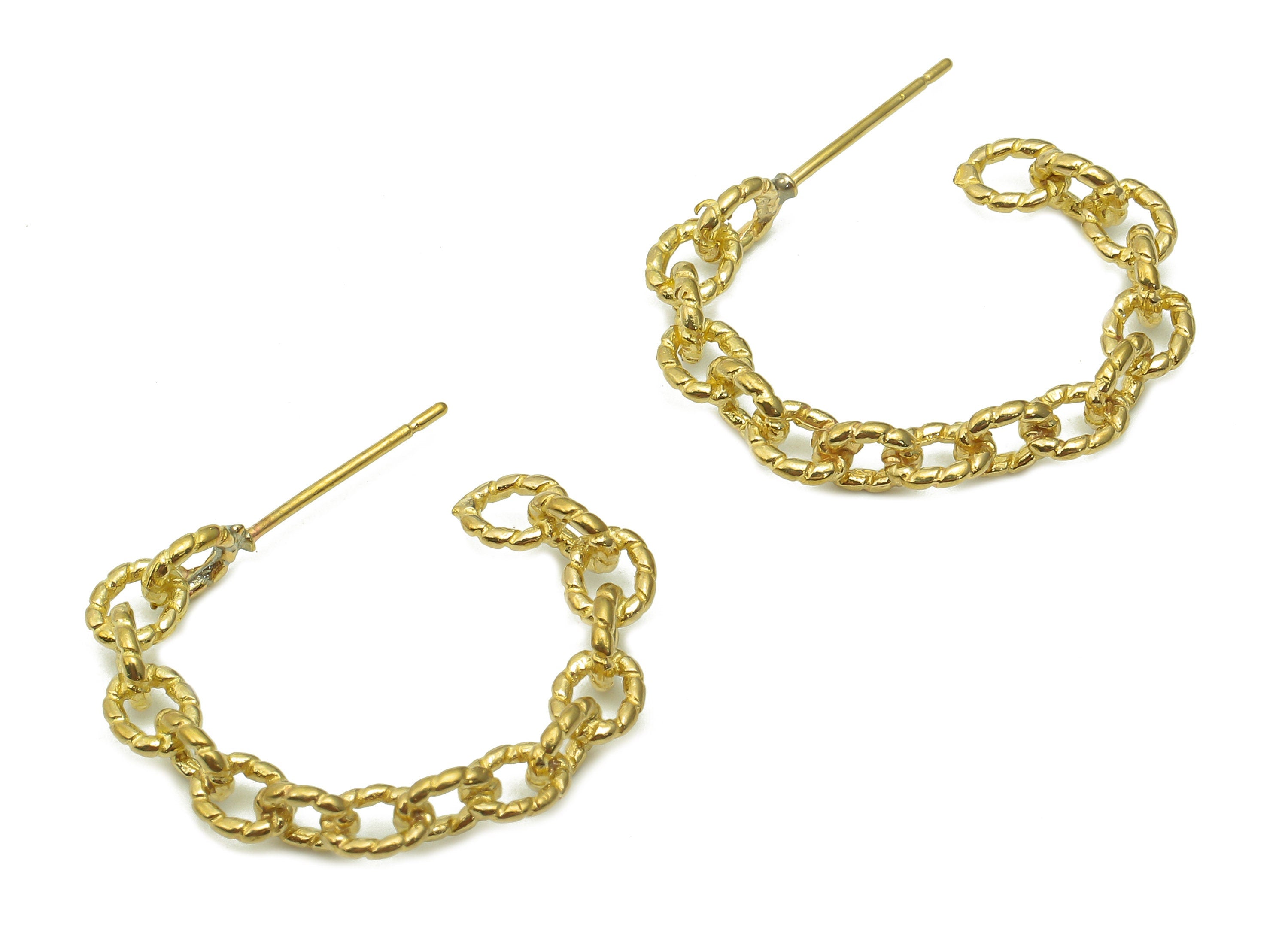 Brass Curb Chain Hoop Earrings Stud - Raw Brass Huggie C Earring Post - Open Huggie Hoop Stud Earring - Brass Stud - 24.3x20.9x4.1mm -PP8020 - DOMEDBAZAAR
