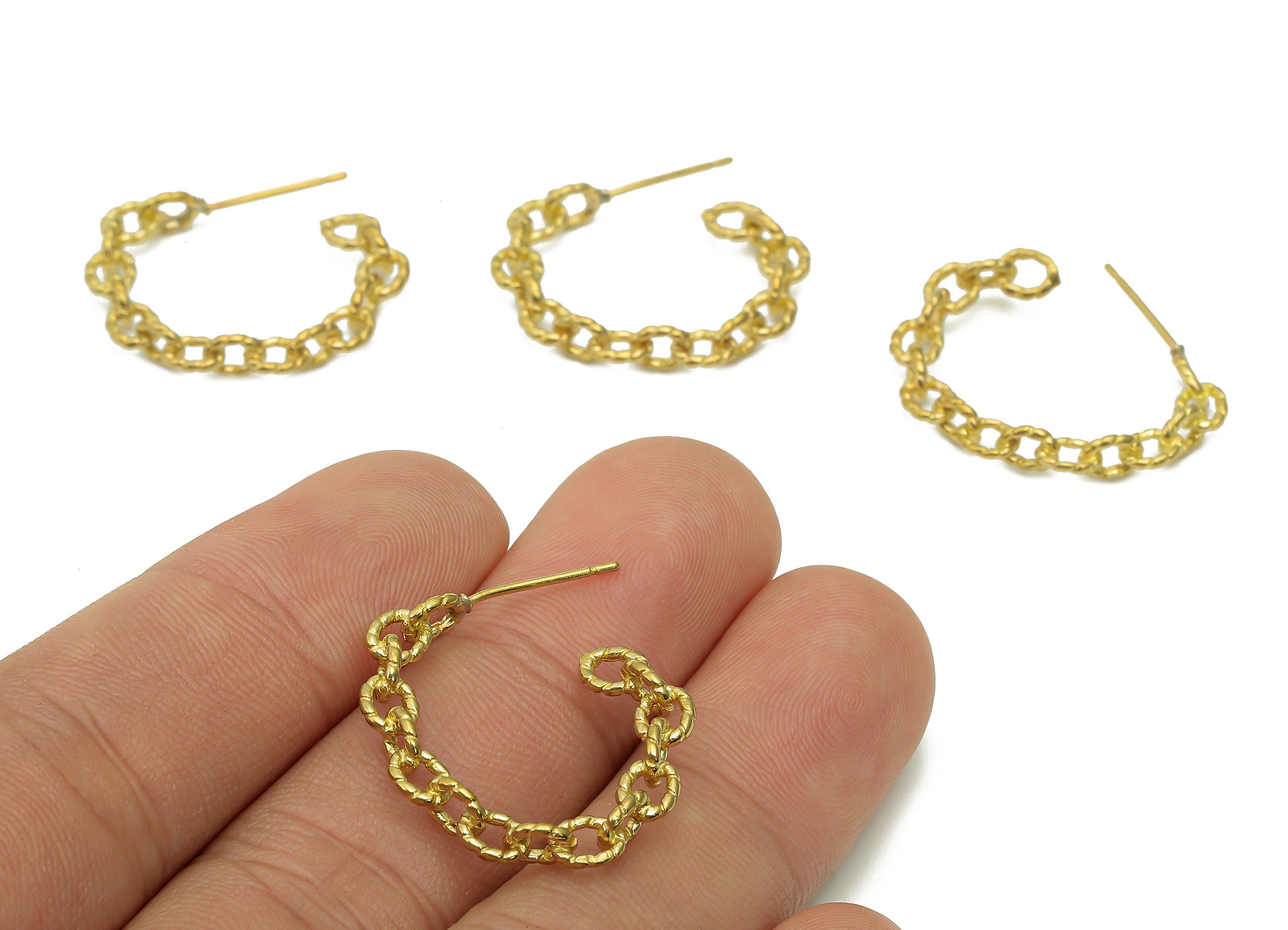 Brass Curb Chain Hoop Earrings Stud - Raw Brass Huggie C Earring Post - Open Huggie Hoop Stud Earring - Brass Stud - 24.3x20.9x4.1mm -PP8020 - DOMEDBAZAAR