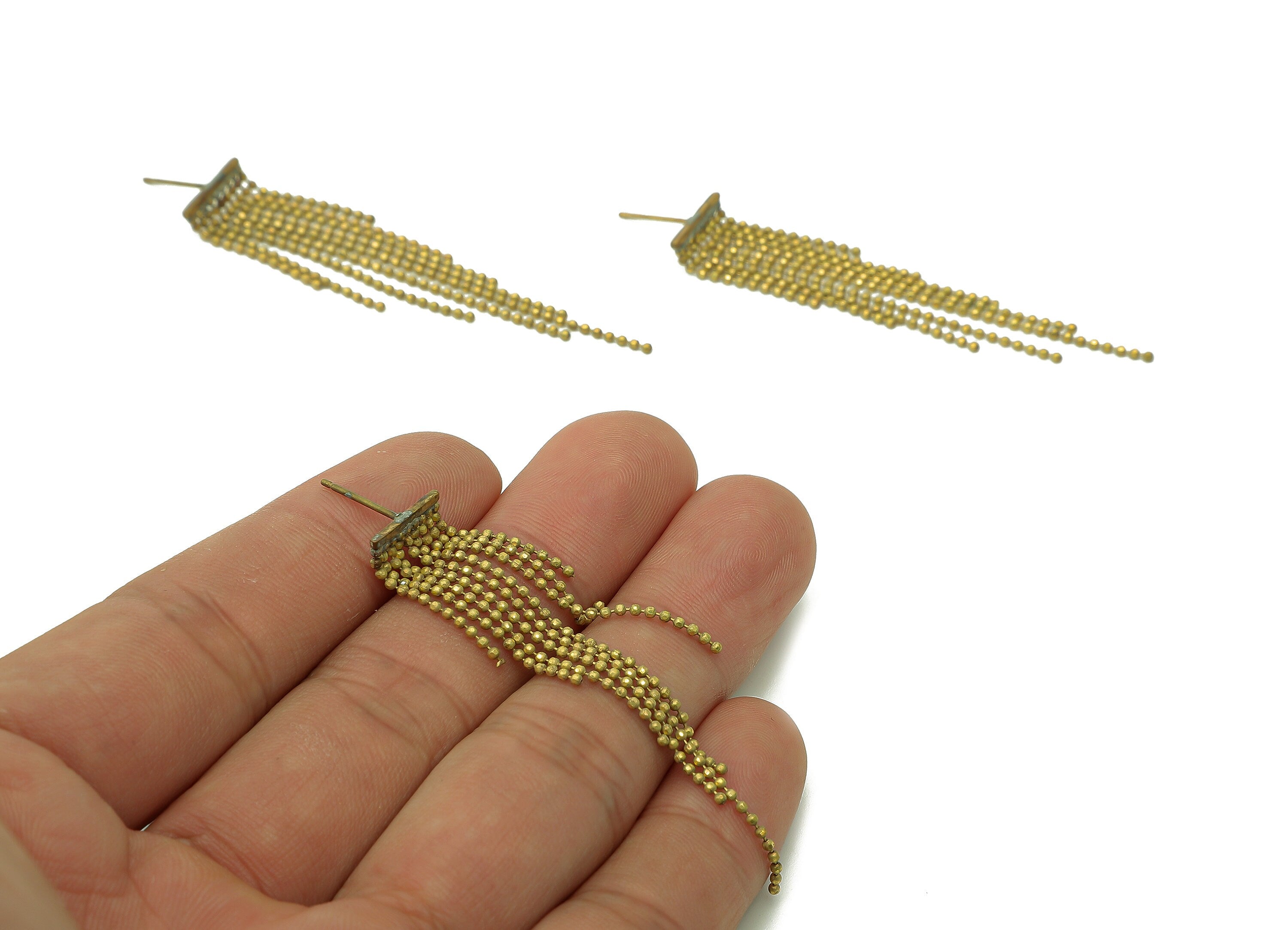 Brass Ball Chain Earring - Raw Brass Faceted Ball Chain Earring - Long Chain Tassel Stud Earring - Brass Stud - 59.6x11x1.3mm - PP8021 - DOMEDBAZAAR