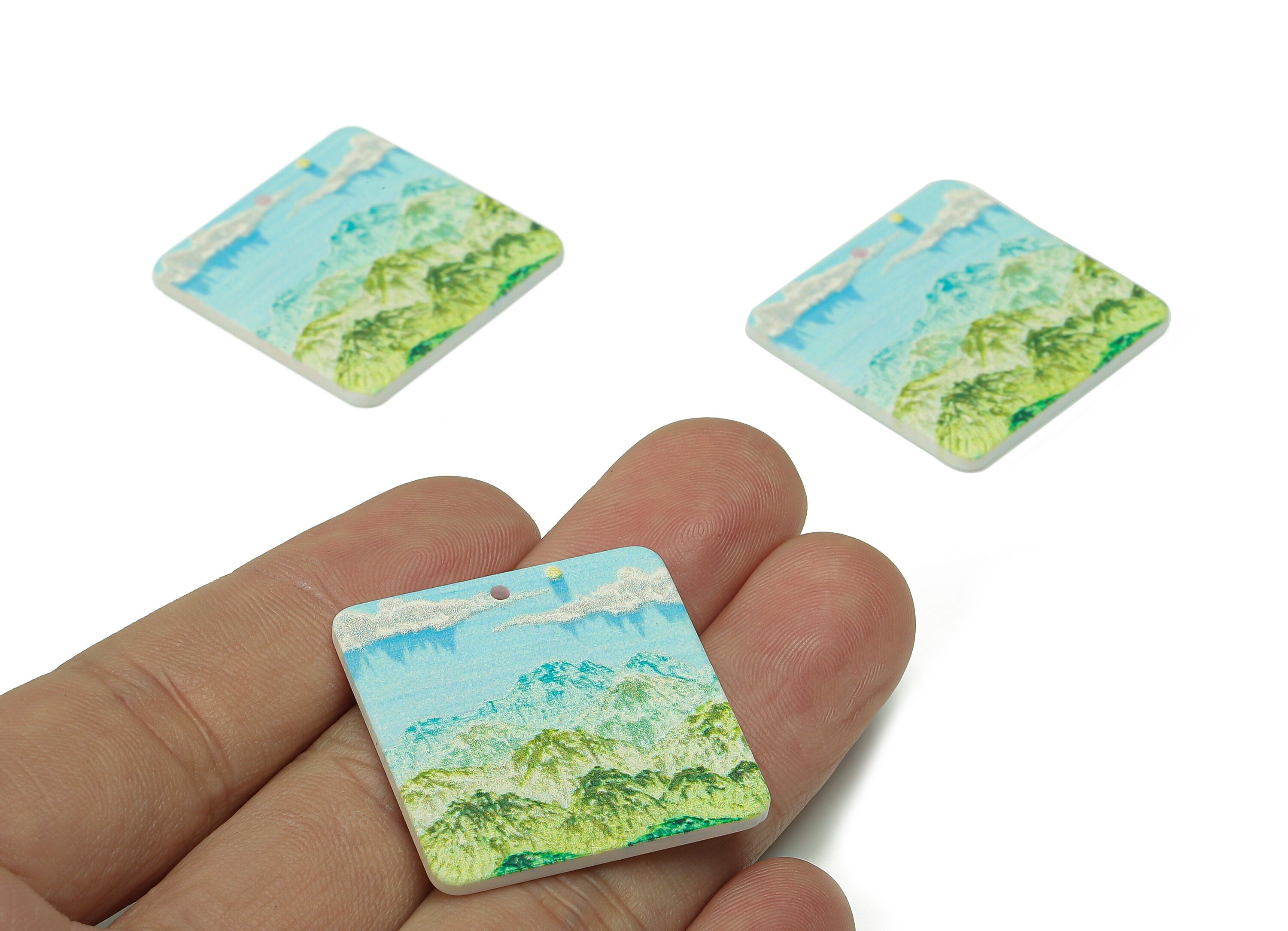 Acrylic Square Landscape Pendant - Acrylic Trees Mountain Earring - Sky Cloud Earring Charm - Landscape Painting Charm - 30x30x2.1mm-AC2526A - DOMEDBAZAAR