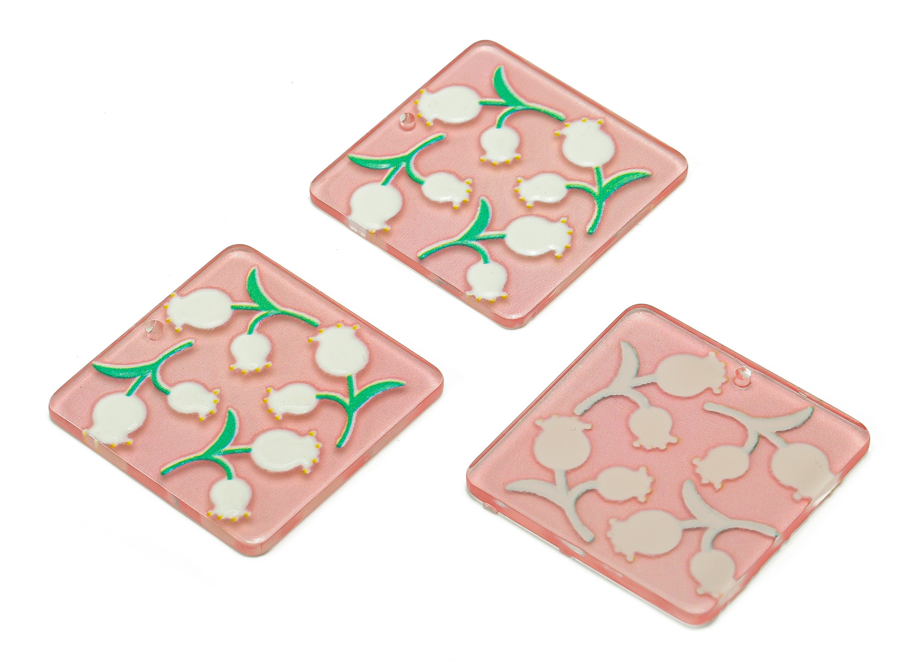 Acrylic Pink Square Flower Pendant - Acrylic White Rose Earring - Rose Bush Earring Charm - Flower Bush Charm - 30x30x2.1mm-AC2526B - DOMEDBAZAAR