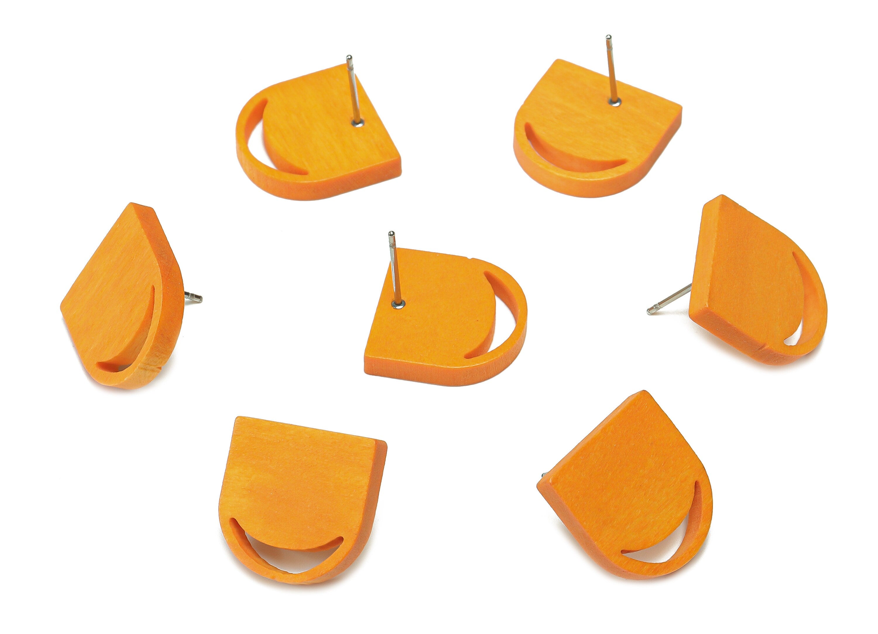 Hemu Wood Domed Earring Stud - Orange Domed Earring Post - Stainless Steel Stud - Crescent Hollow Out Earring - 16.5x16.5x3.3mm - BB1278B - DOMEDBAZAAR