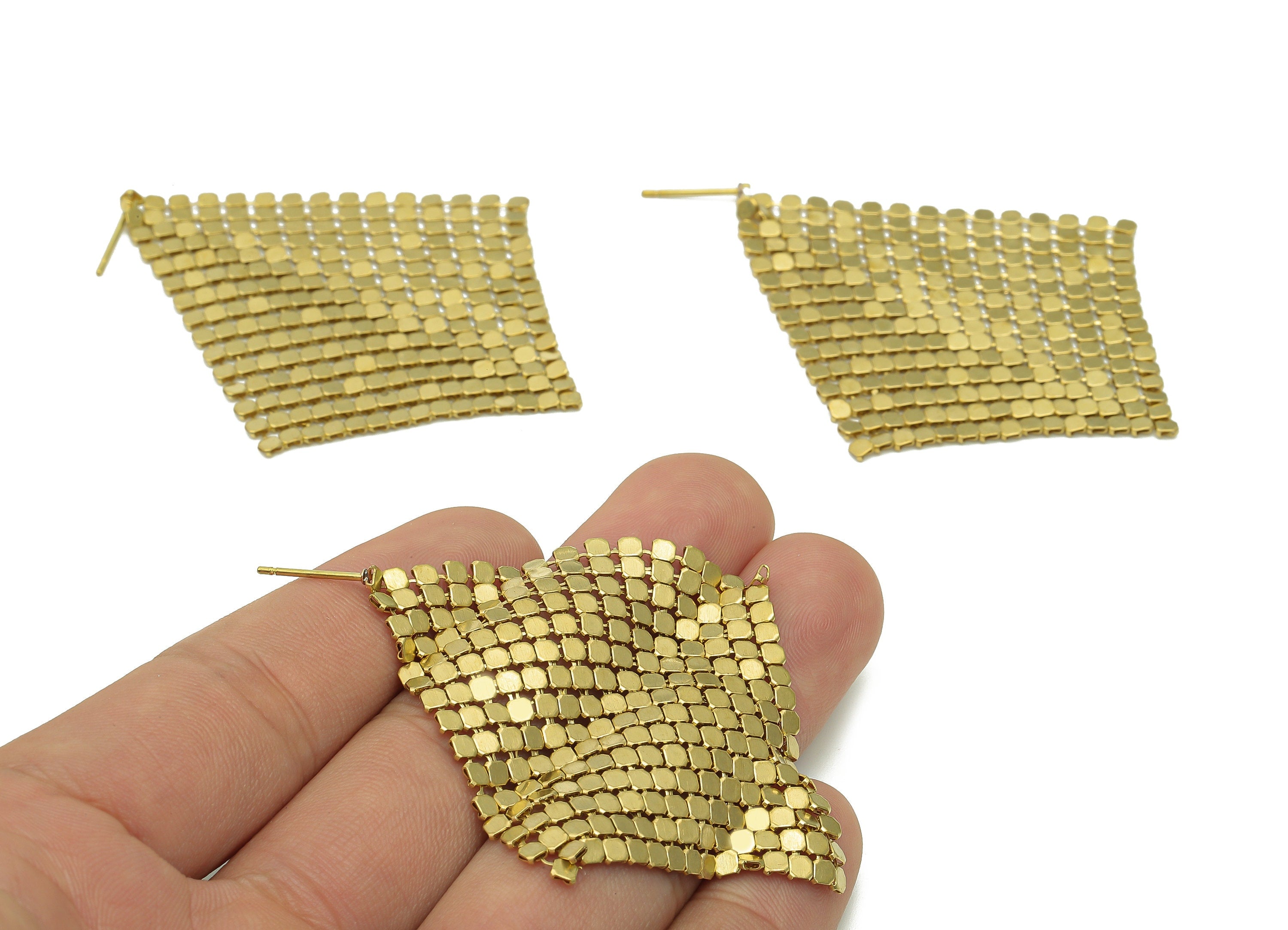 Brass Diamond Tassel Earrings Stud - Raw Brass Square Mesh Earring Post - Rhombus Chain Stud Earring - Brass Stud - 62.8x62.8x0.9mm-PP8070 - DOMEDBAZAAR