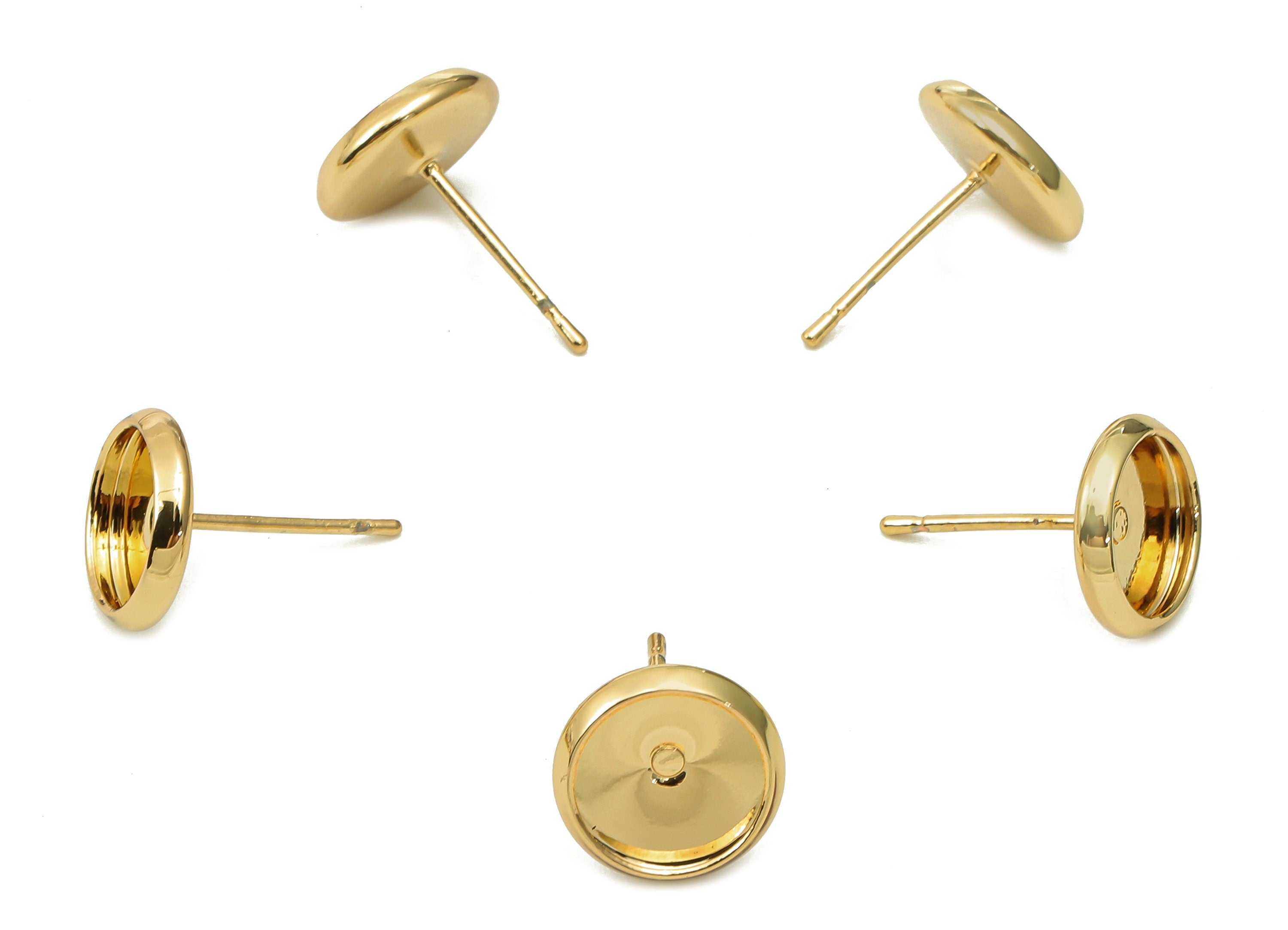 Brass Cabachon Round Stud Earring - Gold Circle Pot Earring Post - 316 Stainless Steel - 18K Real Gold Plating - 10.1x10.1x0.5mm - RGP5449-8 - DOMEDBAZAAR