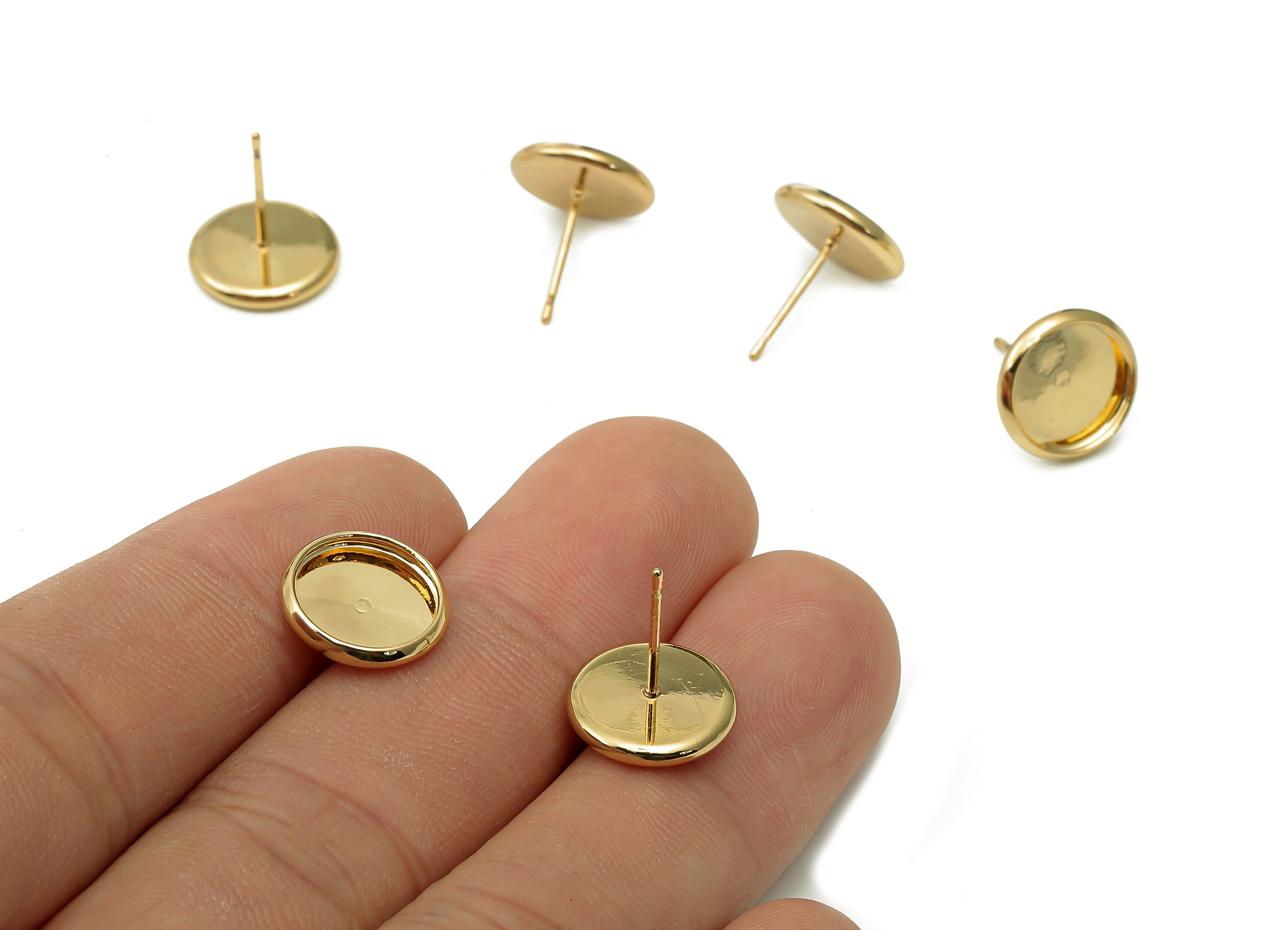 Brass Cabachon Round Stud Earring - Gold Circle Pot Earring Post - 316 Stainless Steel - 18K Real Gold Plating - 11.9x11.9x0.4mm -RGP5449-10 - DOMEDBAZAAR