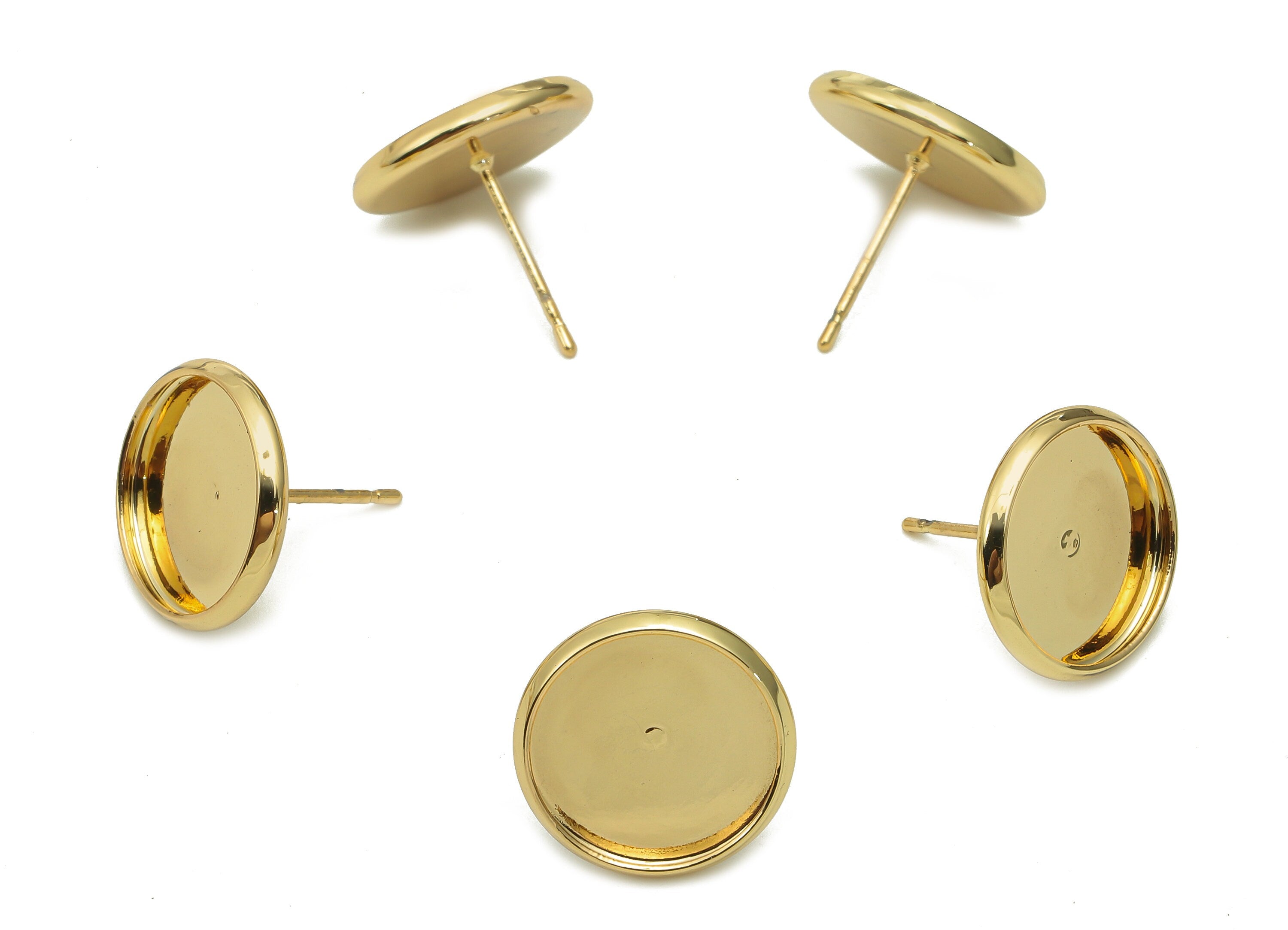 Brass Cabachon Round Stud Earring - Gold Circle Pot Earring Post - 316 Stainless Steel - 18K Real Gold Plating - 13.8x13.8x0.4mm -RGP5449-12 - DOMEDBAZAAR