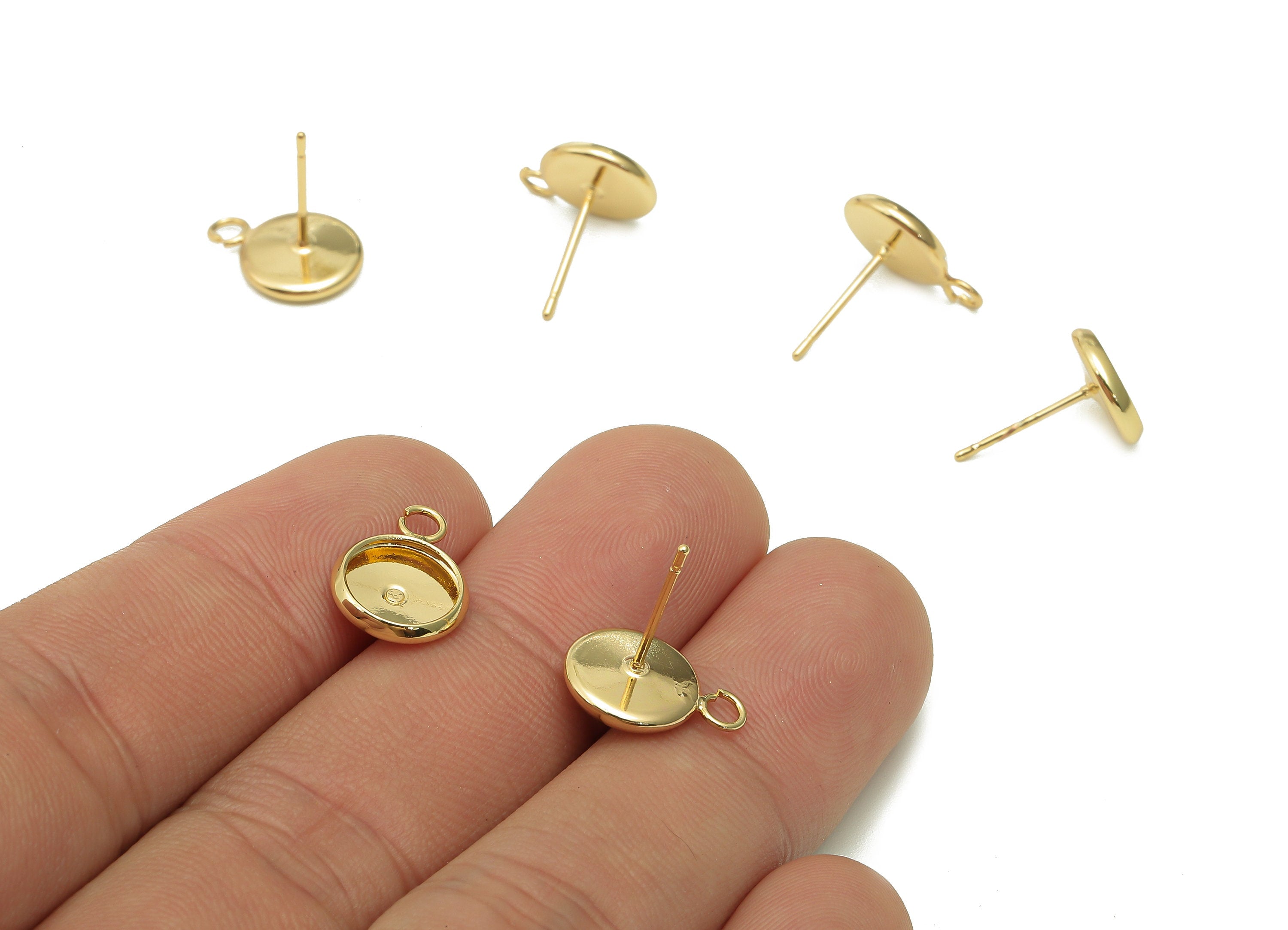 Brass Cabachon Round Stud Earring - Circle Pot Earring Post With Loop - 316 Stainless Steel - 18K Real Gold Plating - 10x10x0.5mm -RGP5451-8 - DOMEDBAZAAR