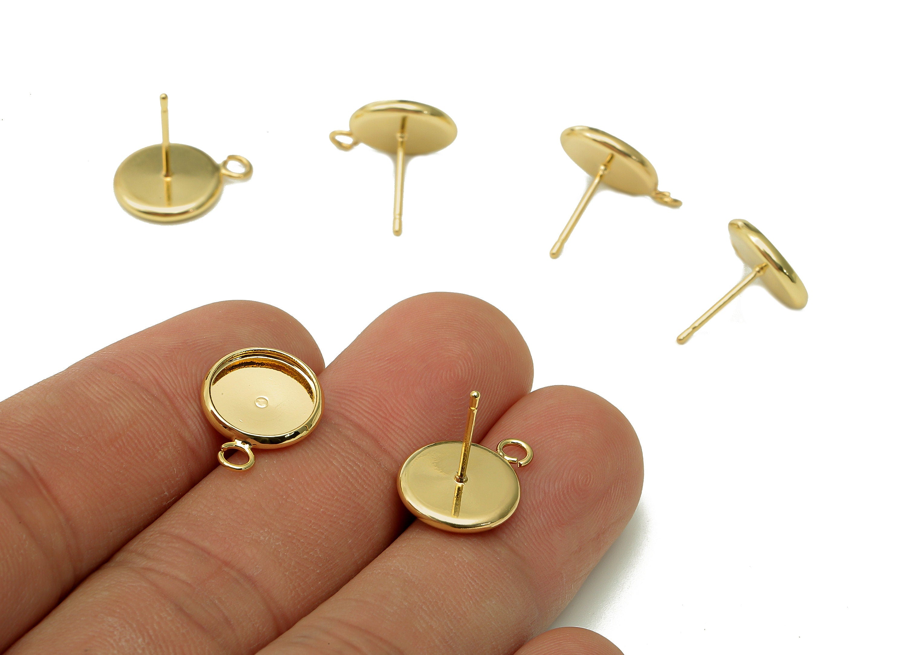 Brass Cabachon Stud Earring - Round Pot Earring Post With Loop - 316 Stainless Steel - 18K Real Gold Plating - 15.3x11.9x0.4mm - RGP5451-10 - DOMEDBAZAAR