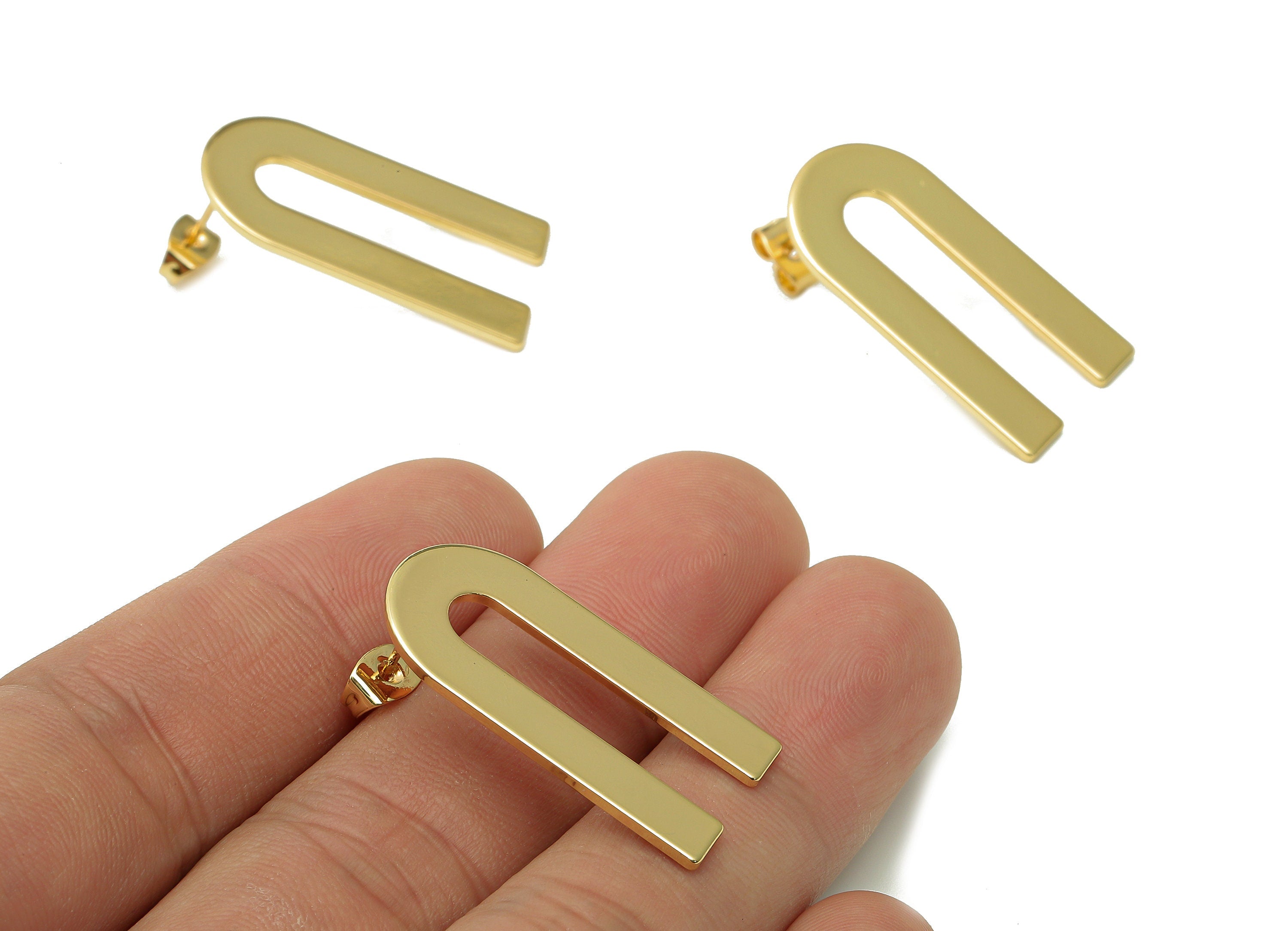 Brass U Stud Earring - Gold U Earring Post - 316 Stainless Steel - 18K Real Gold Plating - 30.3x15.8x1mm - RGP5444 - DOMEDBAZAAR