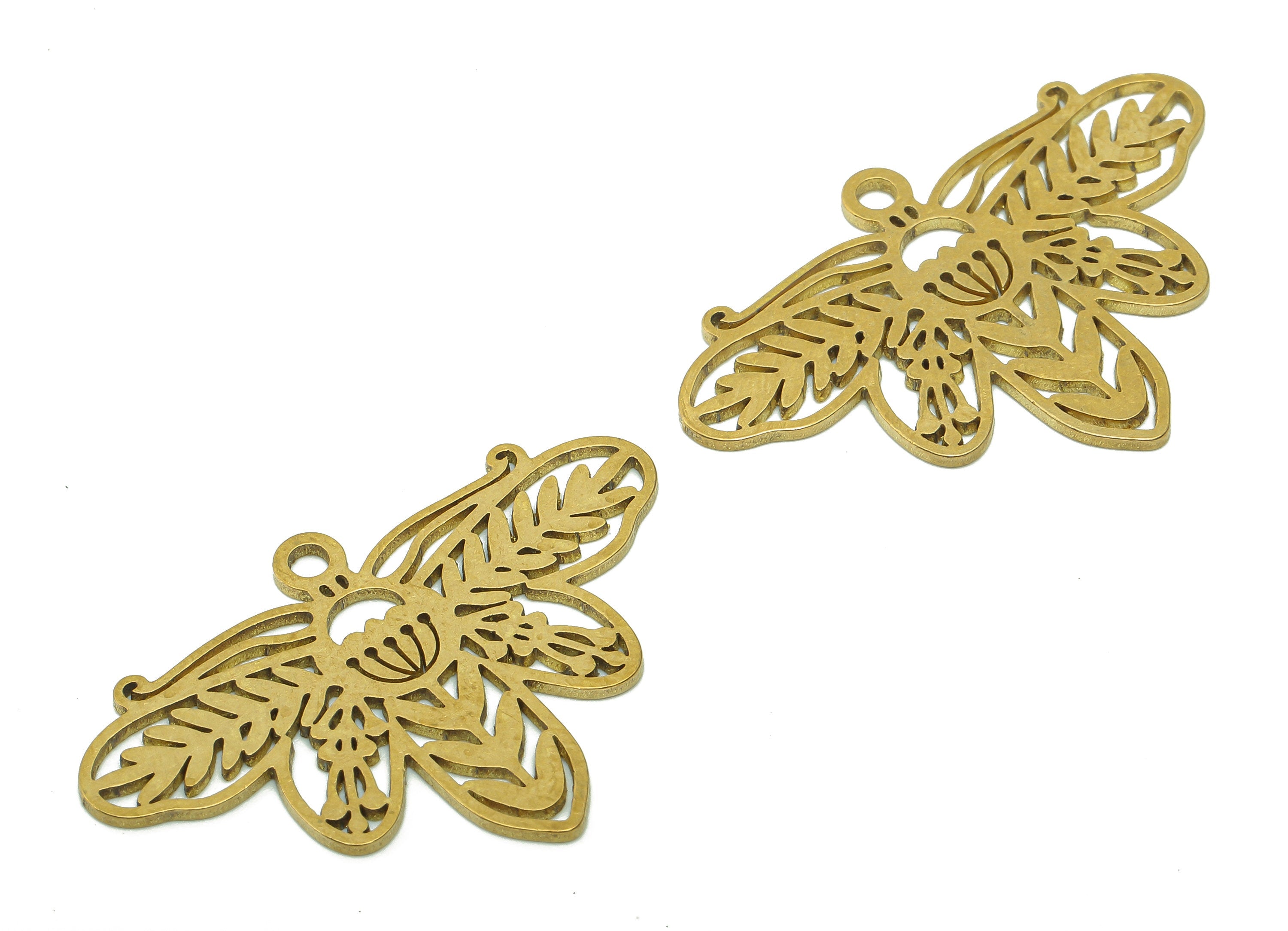 Brass Moth Flower Earring Charms - Raw Brass Hollow Insect Earring - Pendant With Loop - Charm For Necklace - 35.8x24.1x0.9mm - PPA5654 - DOMEDBAZAAR