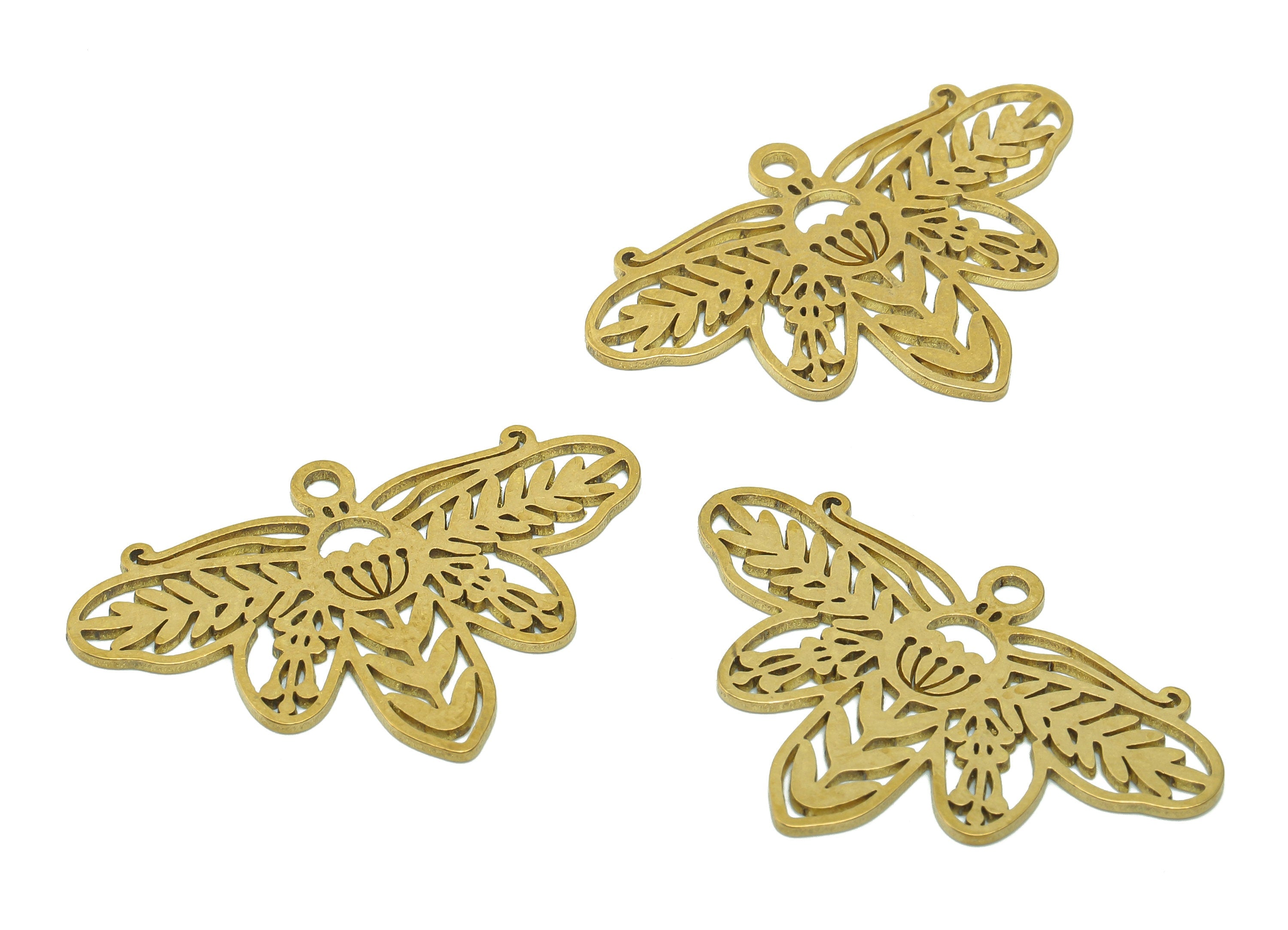 Brass Moth Flower Earring Charms - Raw Brass Hollow Insect Earring - Pendant With Loop - Charm For Necklace - 35.8x24.1x0.9mm - PPA5654 - DOMEDBAZAAR