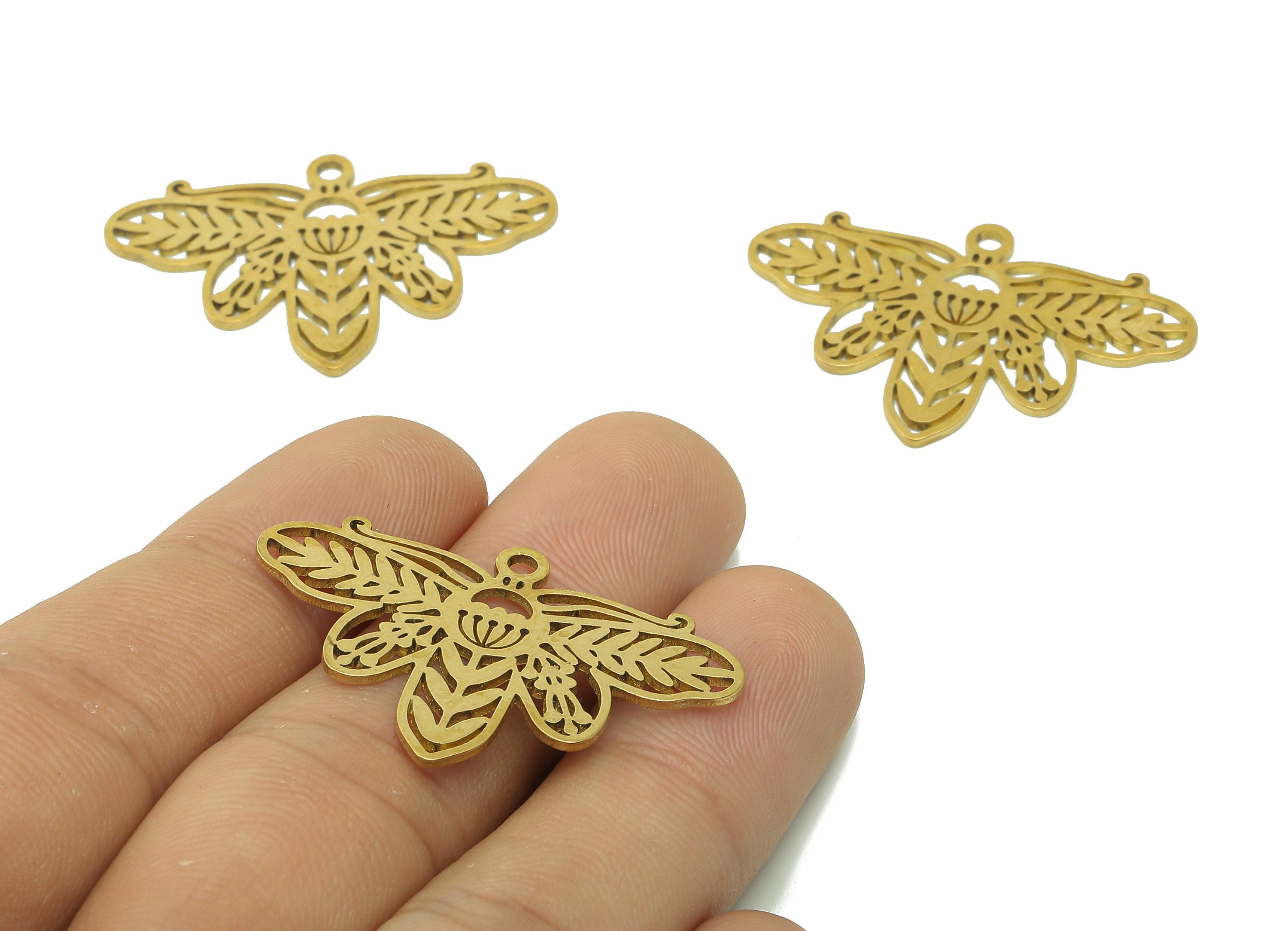 Brass Moth Flower Earring Charms - Raw Brass Hollow Insect Earring - Pendant With Loop - Charm For Necklace - 35.8x24.1x0.9mm - PPA5654 - DOMEDBAZAAR
