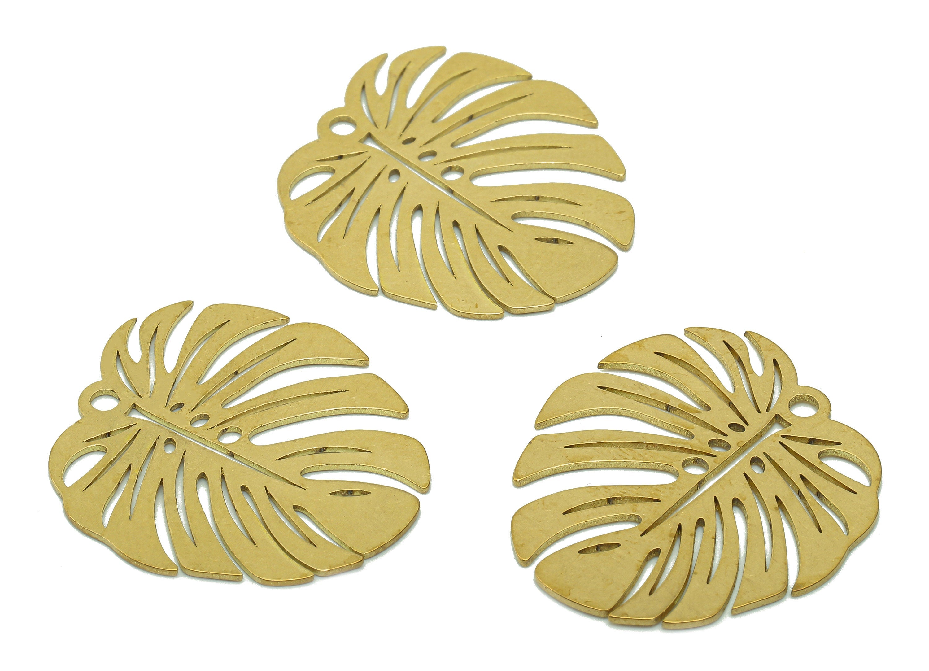Brass Monstera Earring Charms - Raw Brass Leaf Earrings - Leaves Pendant With Loop - Botanical Charm - 28.1x25.5x0.7mm - PPA5673 - DOMEDBAZAAR