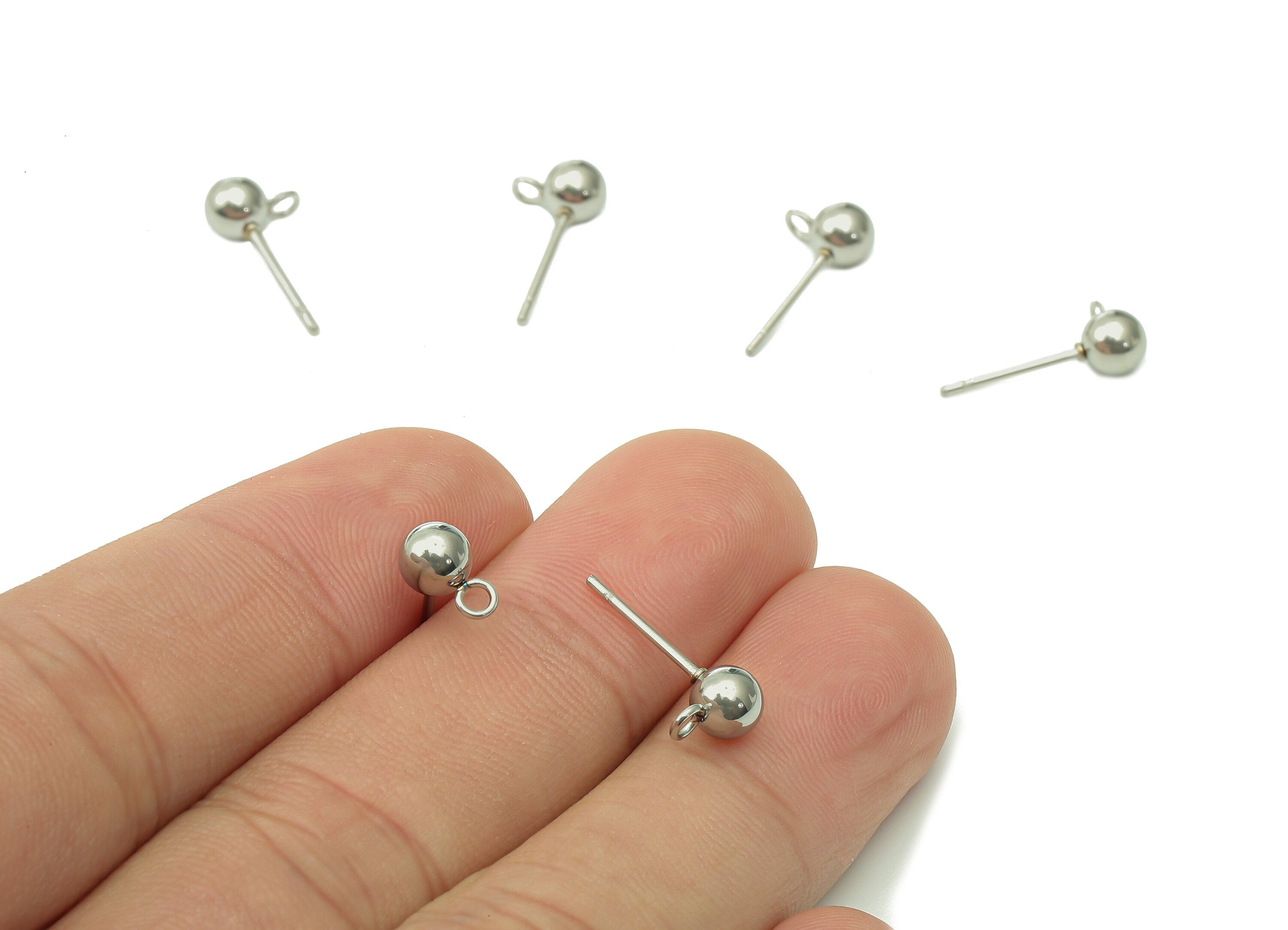 Steel Ball Earring Stud - Silver Earring Post With Loop - Ball Stud Earring Charm - 316 Stainless Steel - 16.02x4.93x0.69mm - SS1407-5 - DOMEDBAZAAR