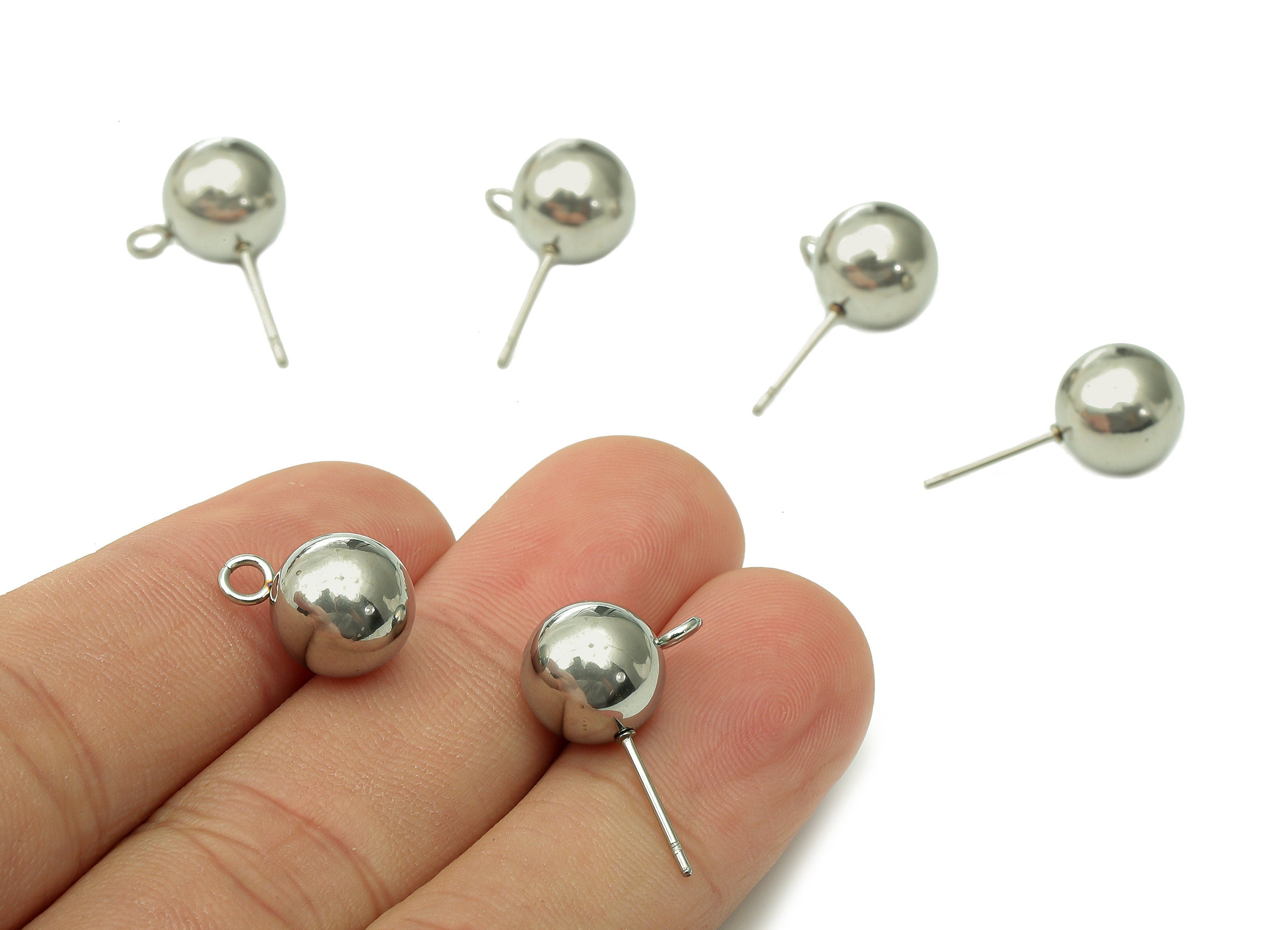 Steel Ball Earring Stud - Silver Earring Post With Loop - Ball Stud Earring Charm - 316 Stainless Steel - 21x9.96x0.72mm - SS1407-10 - DOMEDBAZAAR