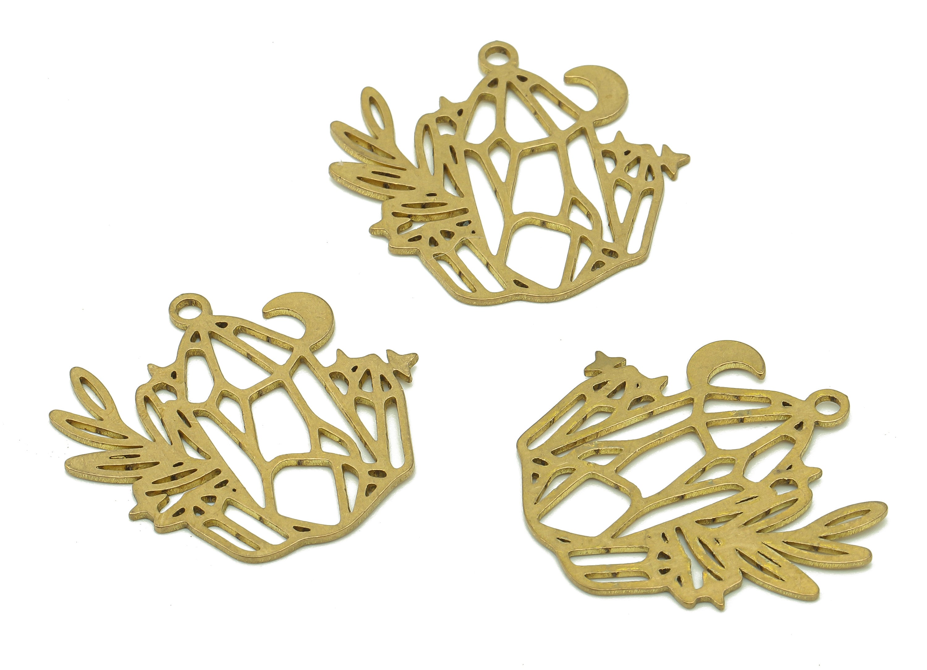 Brass Flower Crescent Earring Charms - Raw Brass Hanging Flower Earring - Pendant With Loop - Jardiniere Charm - 23.7x25x0.7mm - PPZ0196 - DOMEDBAZAAR
