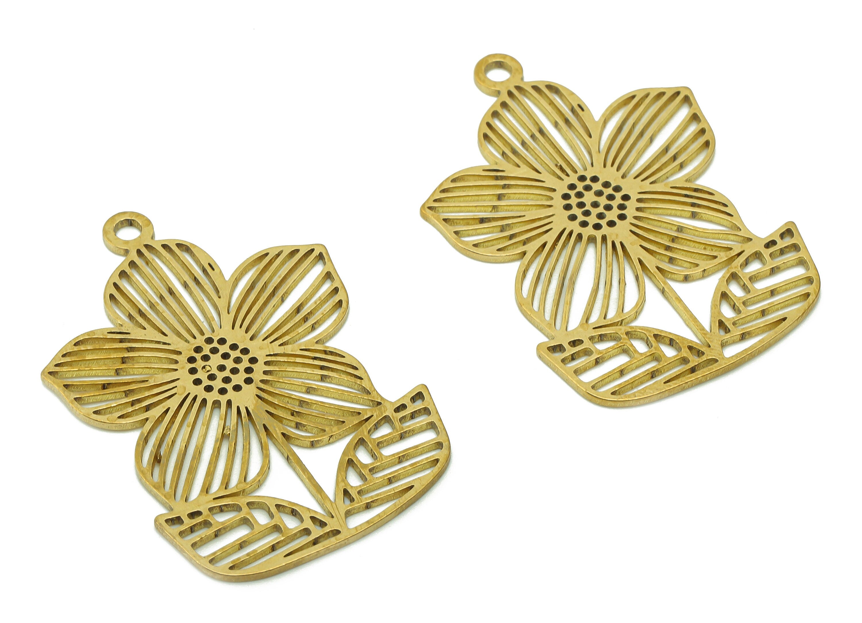 Brass Flower Earring Charms - Raw Brass Hollow Leaf Earring - Pendant With Loop - Botanical Charm For Necklace - 37.9x25.8x0.9mm - PPA5778 - DOMEDBAZAAR