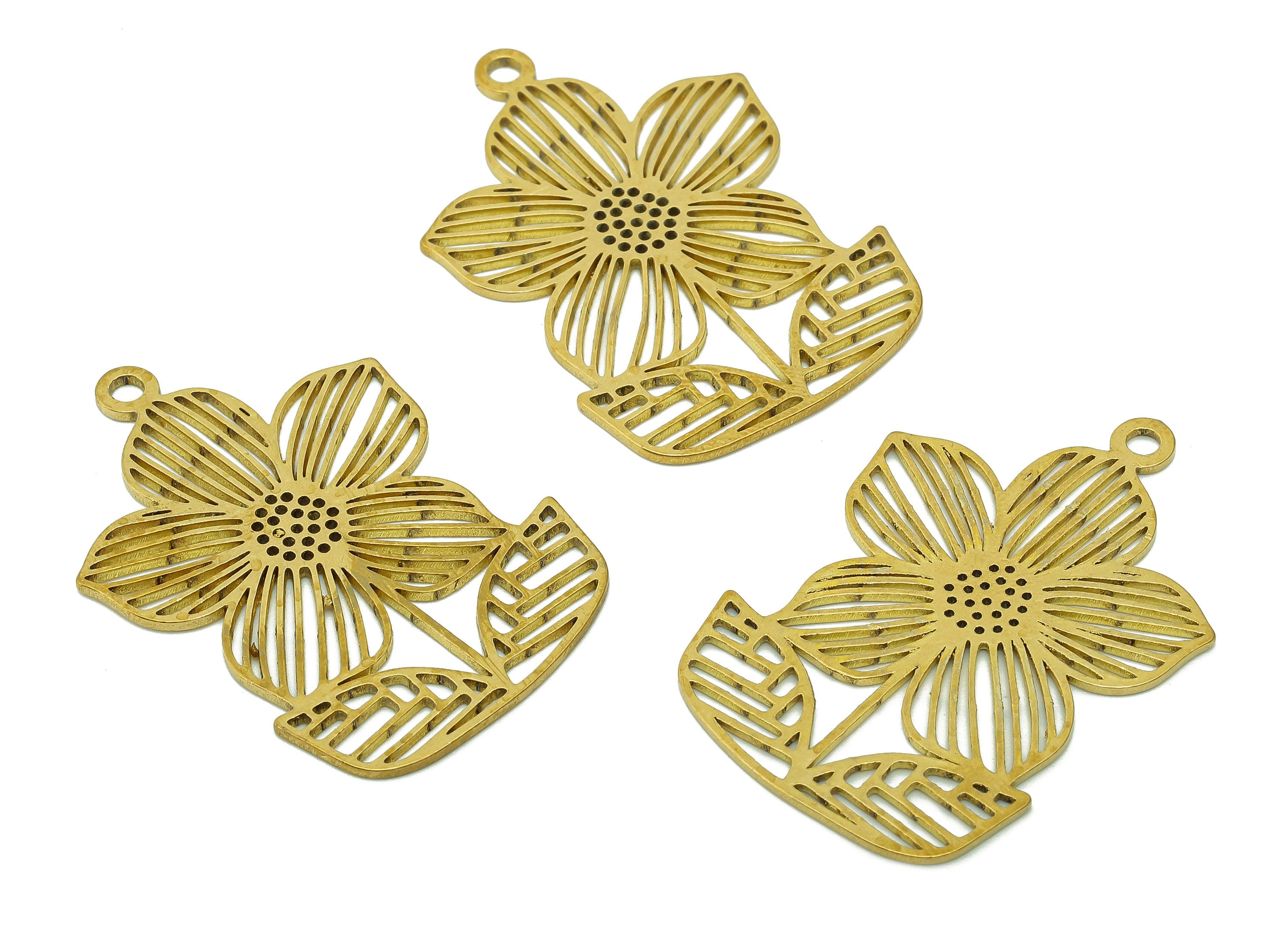 Brass Flower Earring Charms - Raw Brass Hollow Leaf Earring - Pendant With Loop - Botanical Charm For Necklace - 37.9x25.8x0.9mm - PPA5778 - DOMEDBAZAAR
