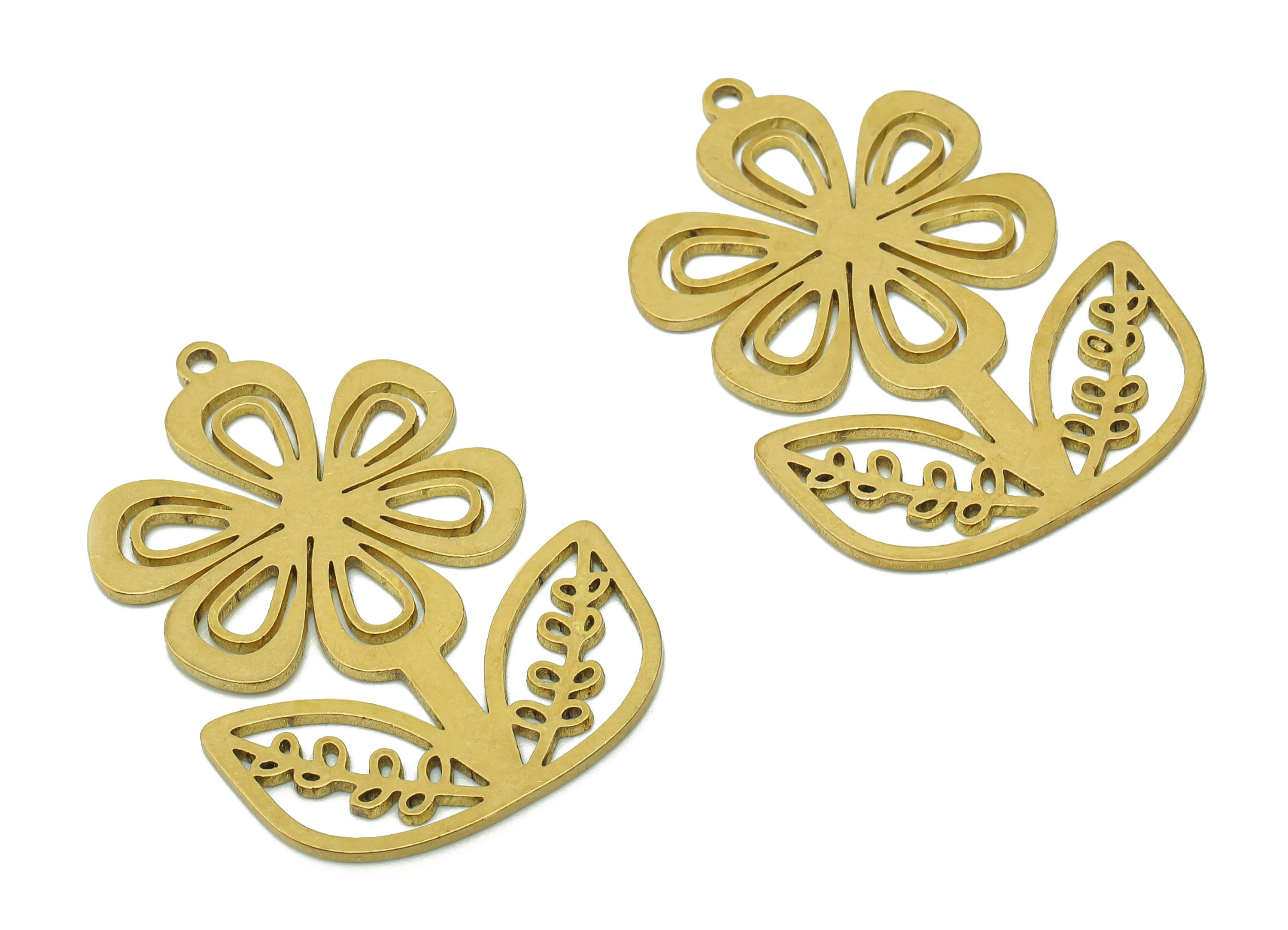 Brass Flower Earring Charms - Raw Brass Hollow Leaf Earring - Pendant With Loop - Botanical Charm For Necklace - 35.9x24.7x0.9mm - PPA5784 - DOMEDBAZAAR