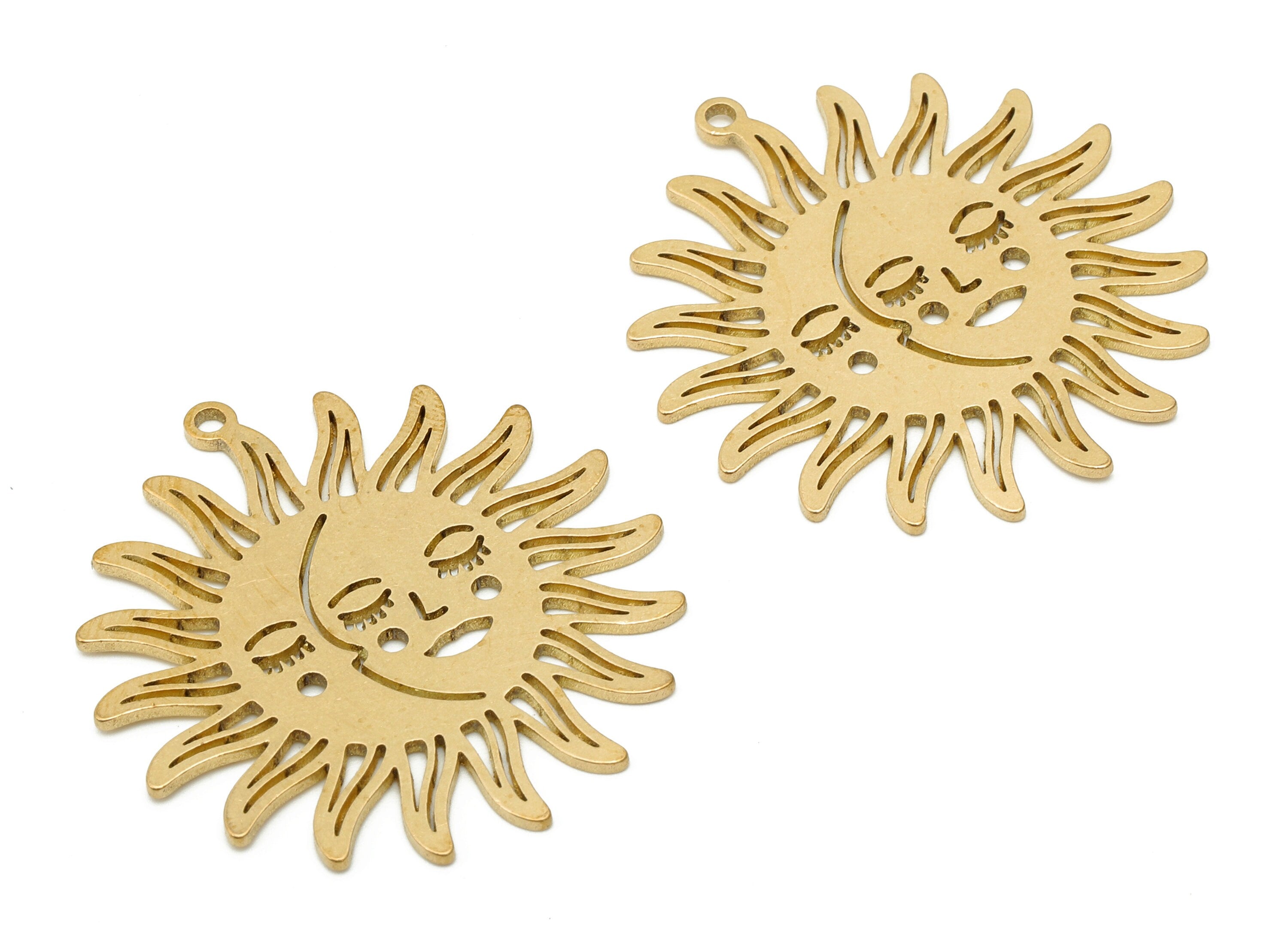 Brass Sun Face Earring Charms - Raw Brass Face Earring - Pendant With Loop - Sun Face Charm For Necklace - 34.3x32x0.8mm - PPA6087 - DOMEDBAZAAR